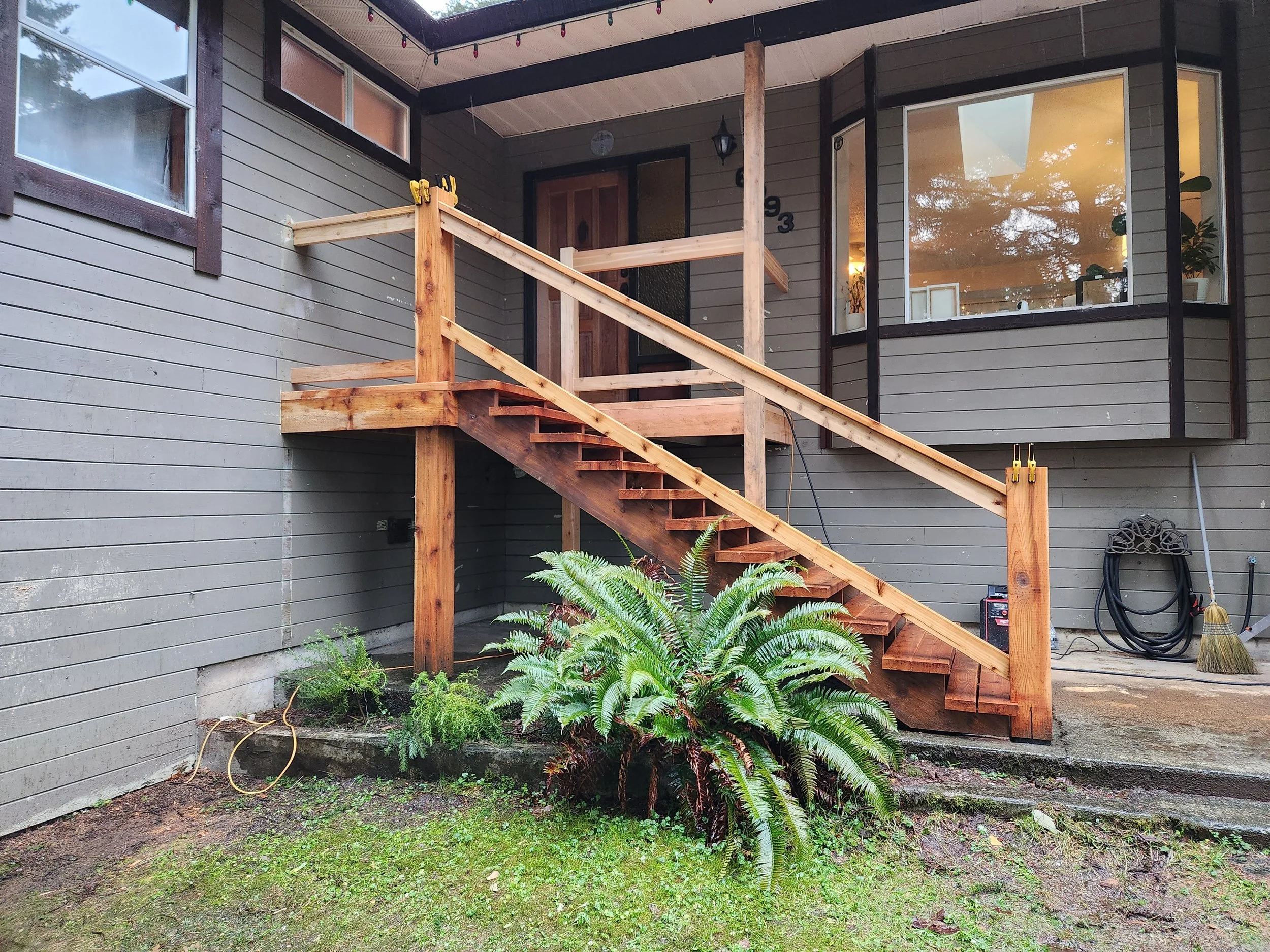 exterior cedar staircase being built