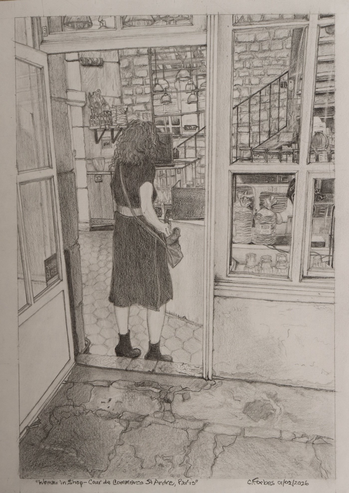 Woman In Shop - Cours de Commerce St André, Paris | Pencil Drawing on Paper | 6⅞” x 10”,  January 2026