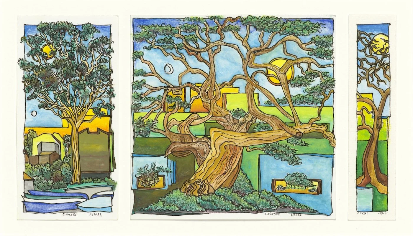 Tree Triptych | Gouache and Ink on Paper | 7” x 12”, February & December 2022