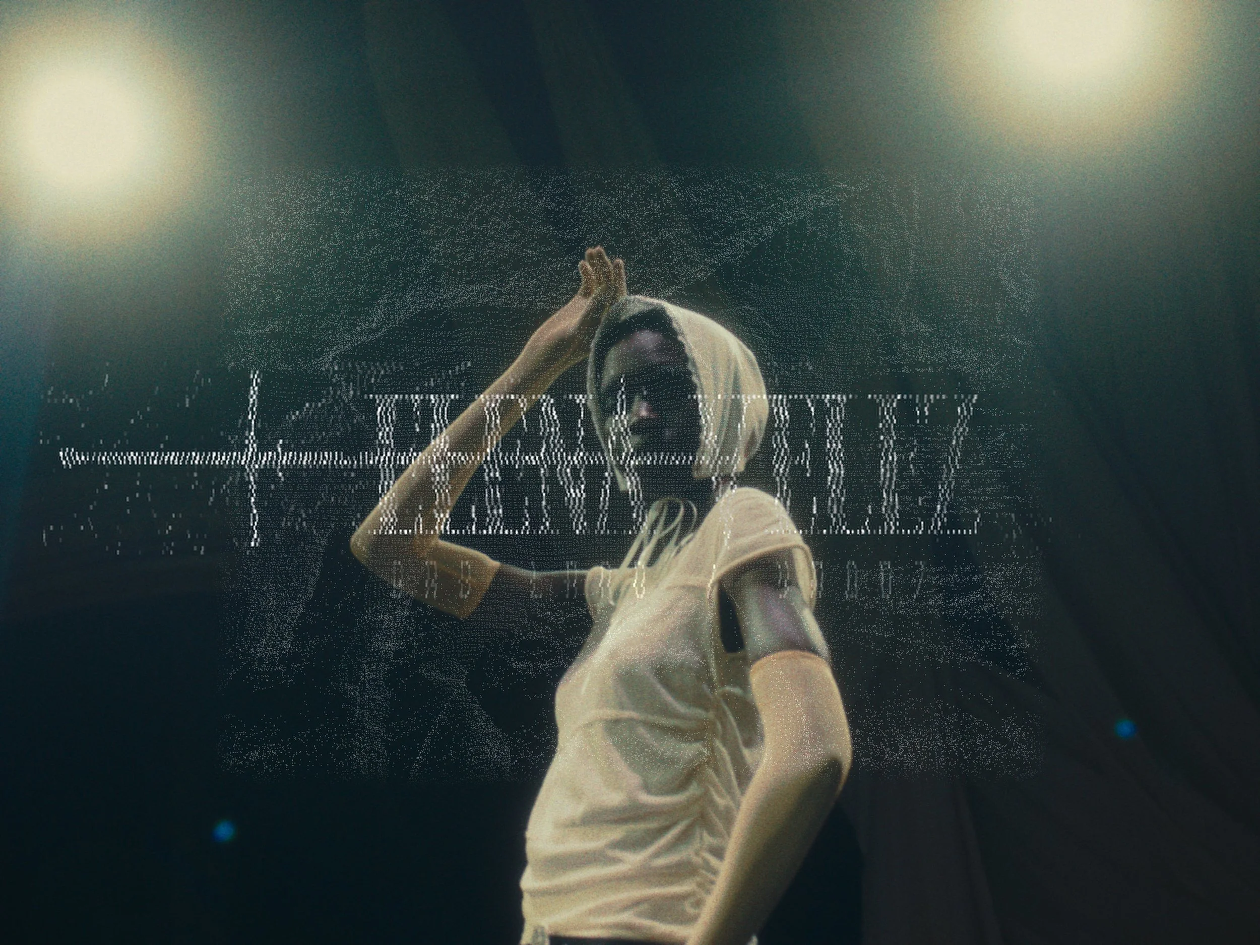 A woman with a headscarf and yellow shirt stands in front of a screen displaying binary code and error messages. The image has a digital, glitchy effect.