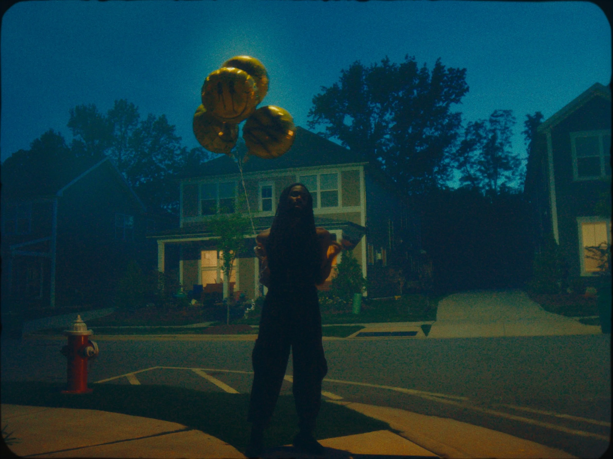 Person holding balloons on a residential street at dusk.