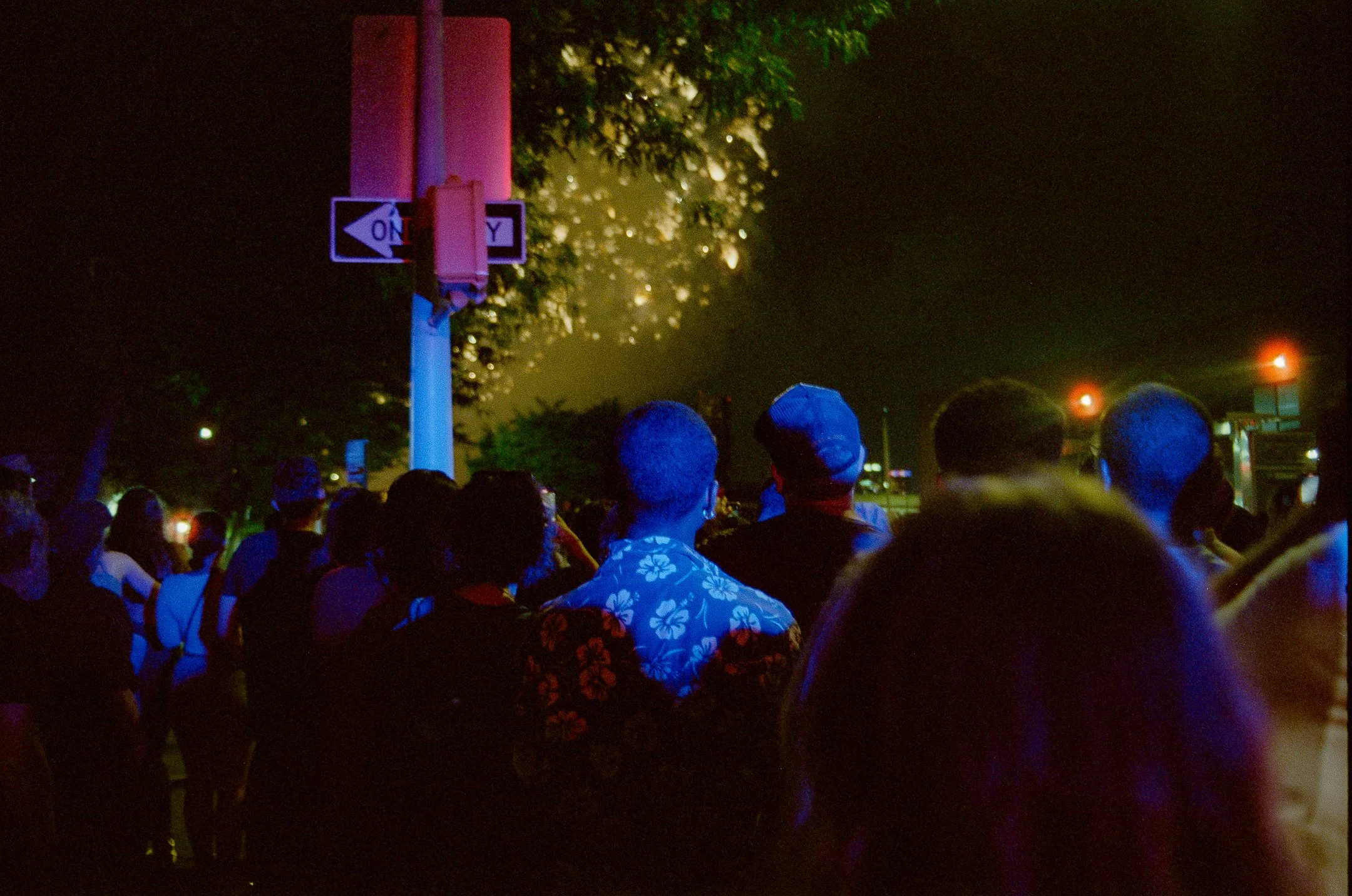 Group of people gathered outdoors at night, watching fireworks in the sky with trees and streetlights in the background.