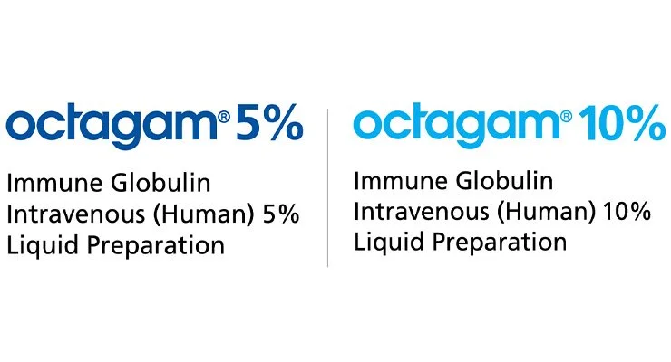 Comparison of Octagam 5% and 10% solutions, both are immune globulin intravenous liquid preparations; the 5% is labeled as 5%, and the 10% as 10%.