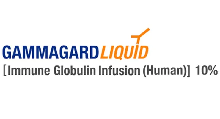 Gammagard Liquid label with text about immune globulin infusion, including percentage and a stylized syringe icon.