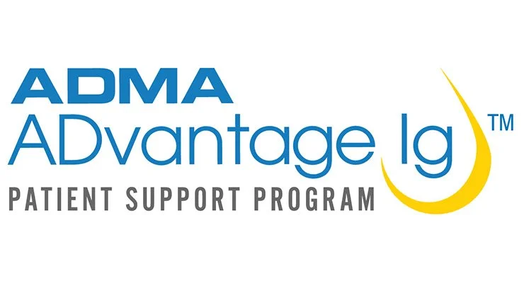 Logo for ADMA Advantage Ig Patient Support Program with text and a yellow curved symbol