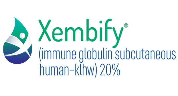 Xembify logo with a stylized droplet and text that reads 'Xembify (immune globulin subcutaneous human-klhw) 20%'.