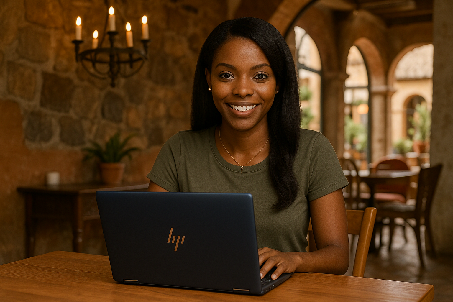 A woman with dark hair and a green shirt sitting at a wooden table with a laptop, smiling; a rustic interior with stone walls, arched windows, a chandelier with lit candles, and some plants in the background.