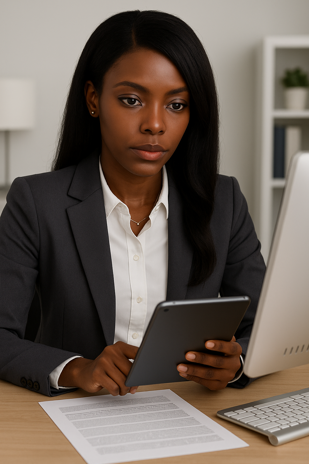 A woman in business attire sitting at a desk, looking at a tablet, with a desktop computer, keyboard, and documents on the desk.