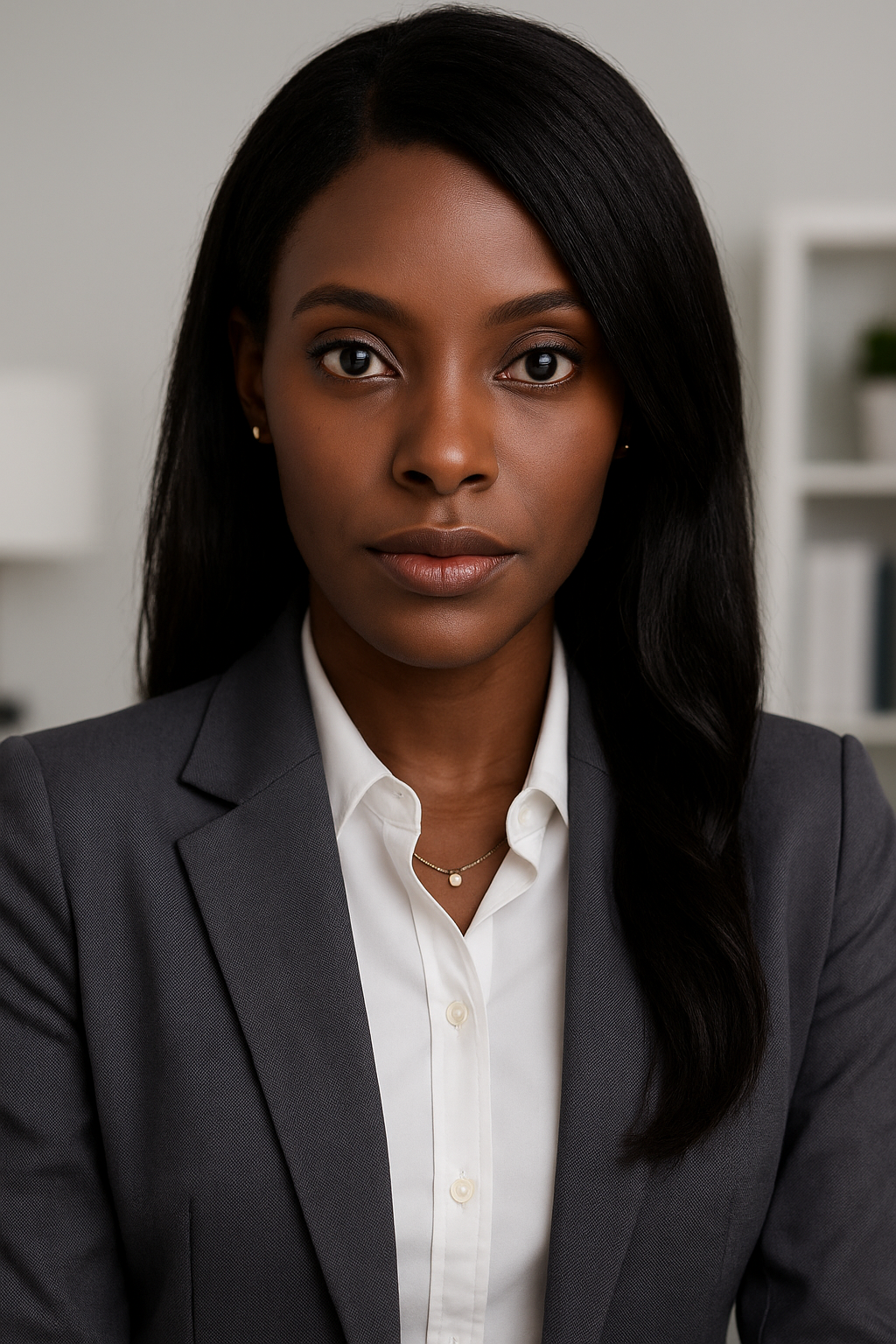 A professional African American woman with long black hair and a serious expression, wearing a gray blazer and white shirt, in an office setting.