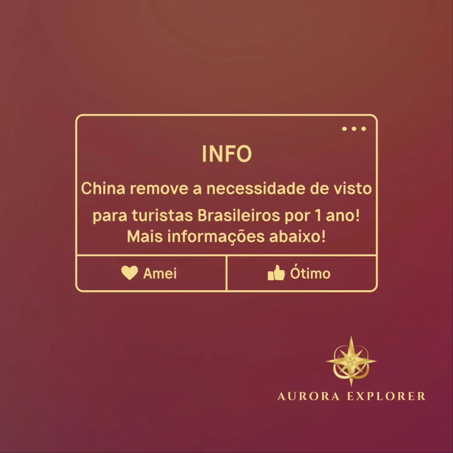 🎉 &Oacute;TIMA NOT&Iacute;CIA PARA OS VIAJANTES! 🎉

Brasileiros n&atilde;o precisar&atilde;o mais de visto para visitar a China por at&eacute; 30 dias! 🇨🇳🇧🇷

Essa nova medida, que come&ccedil;a a valer em 1&ordm; de junho de 2025 e ter&aacute; 