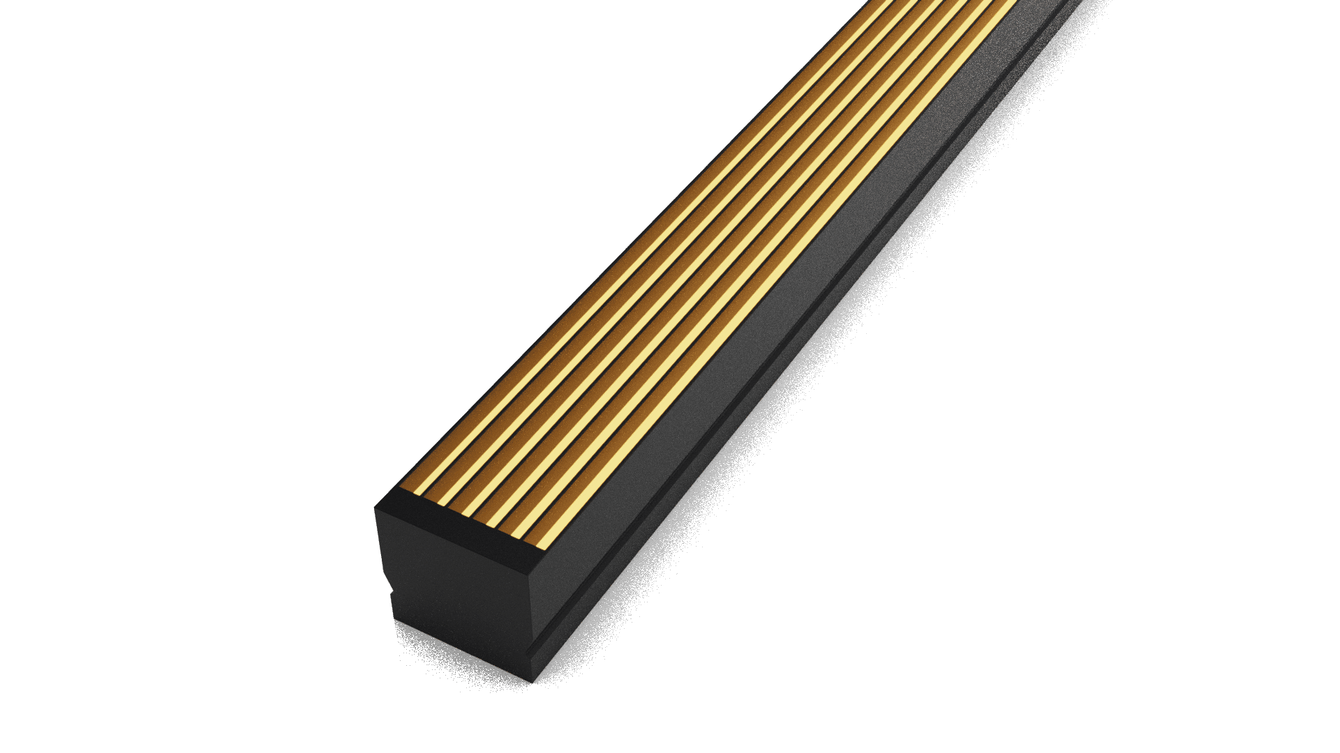 A black rectangular doormat with gold-colored horizontal strips in the center, placed on a gray surface.