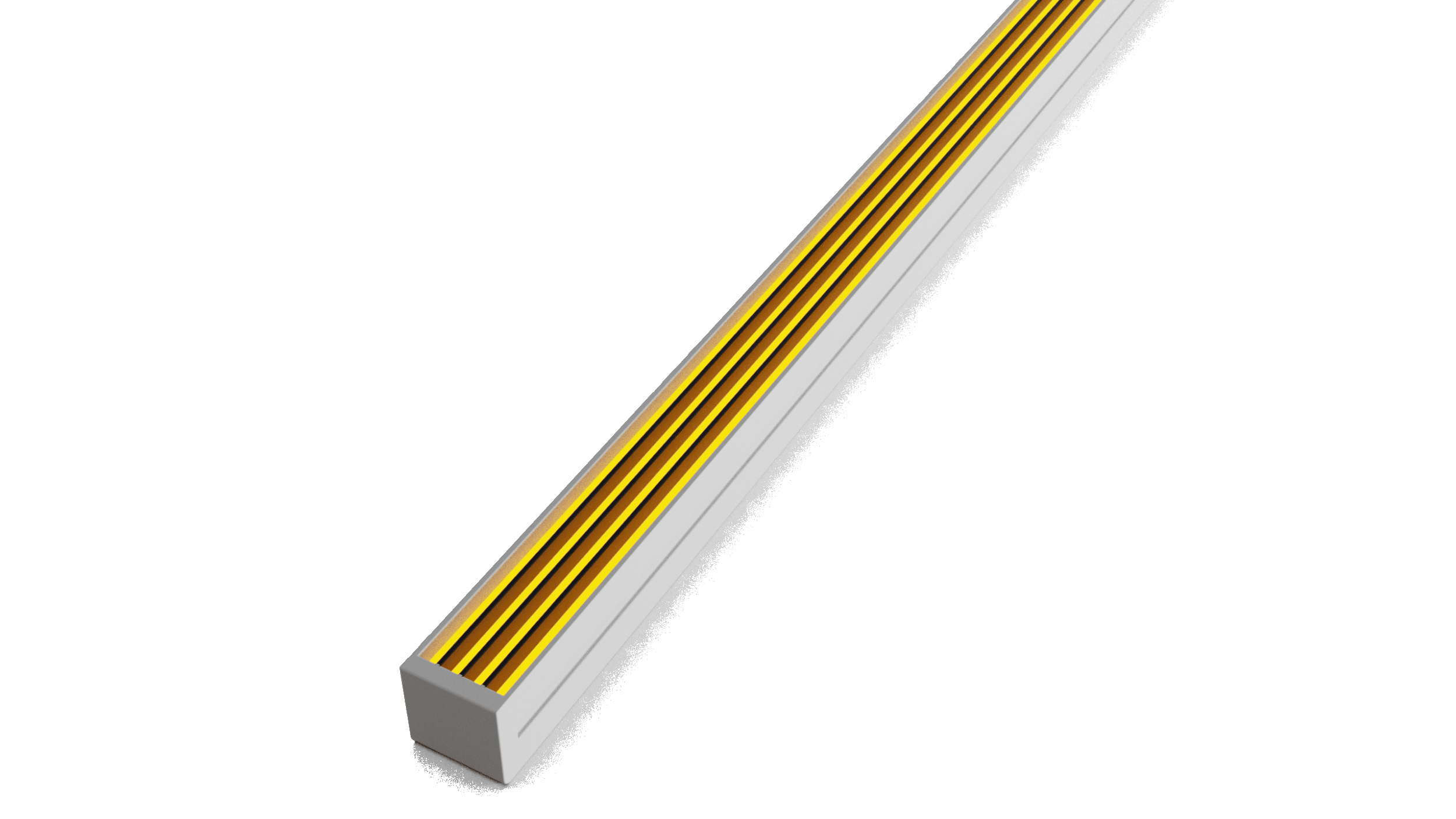 A long, rectangular metal drainage grate with parallel yellow and black stripes.