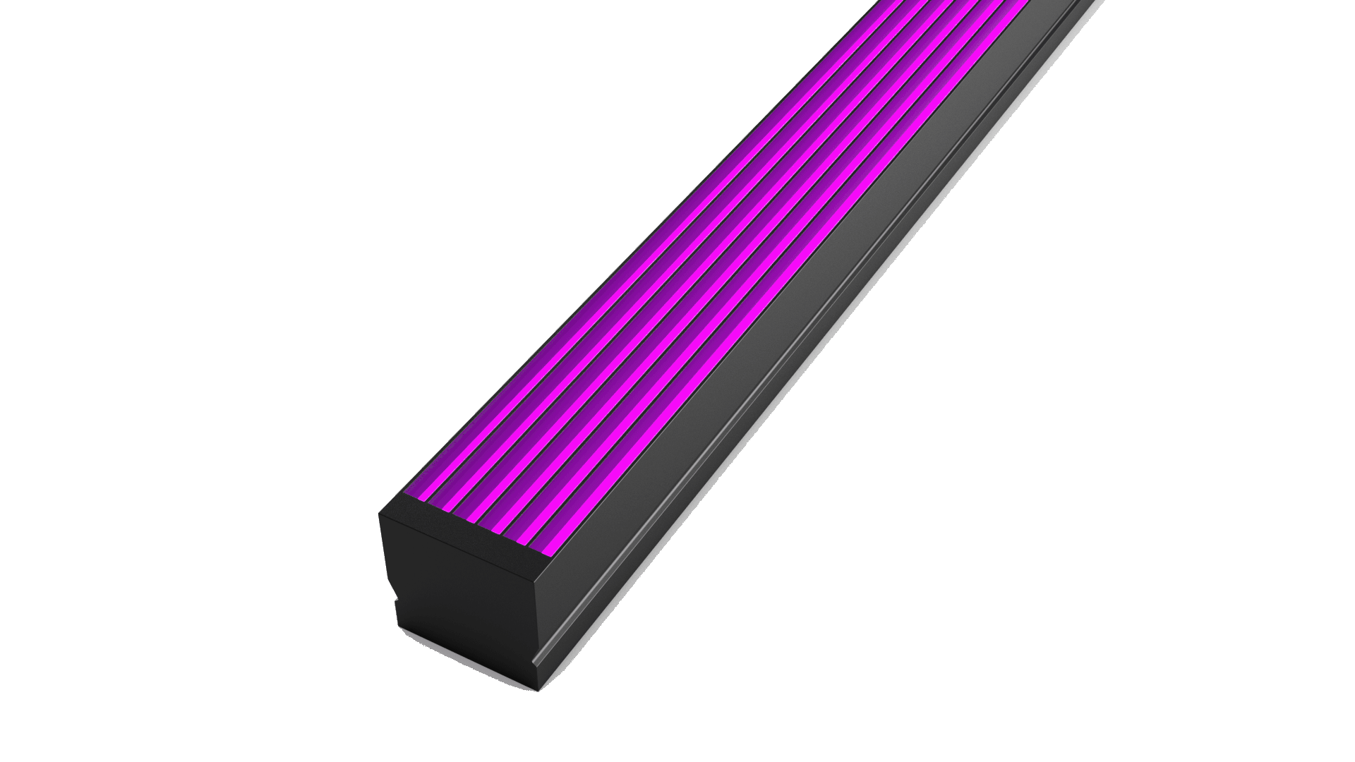 A black rectangular electronic device with purple glowing parallel lines on its surface, resting on a gray background.
