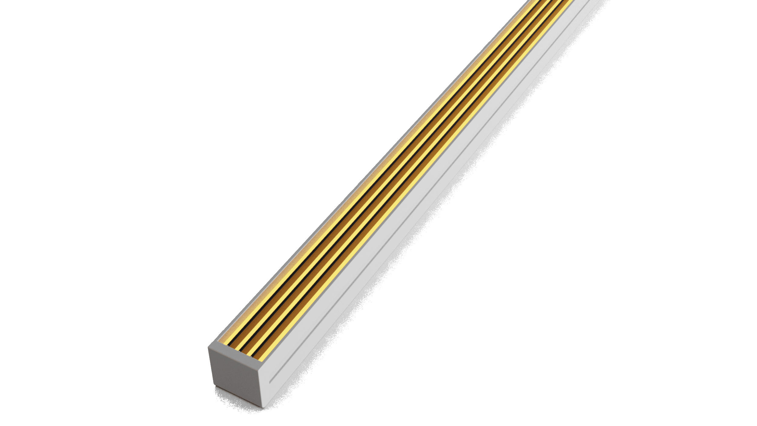 Metal linear drain with gold-colored slats and a gray frame, viewed from an angle.