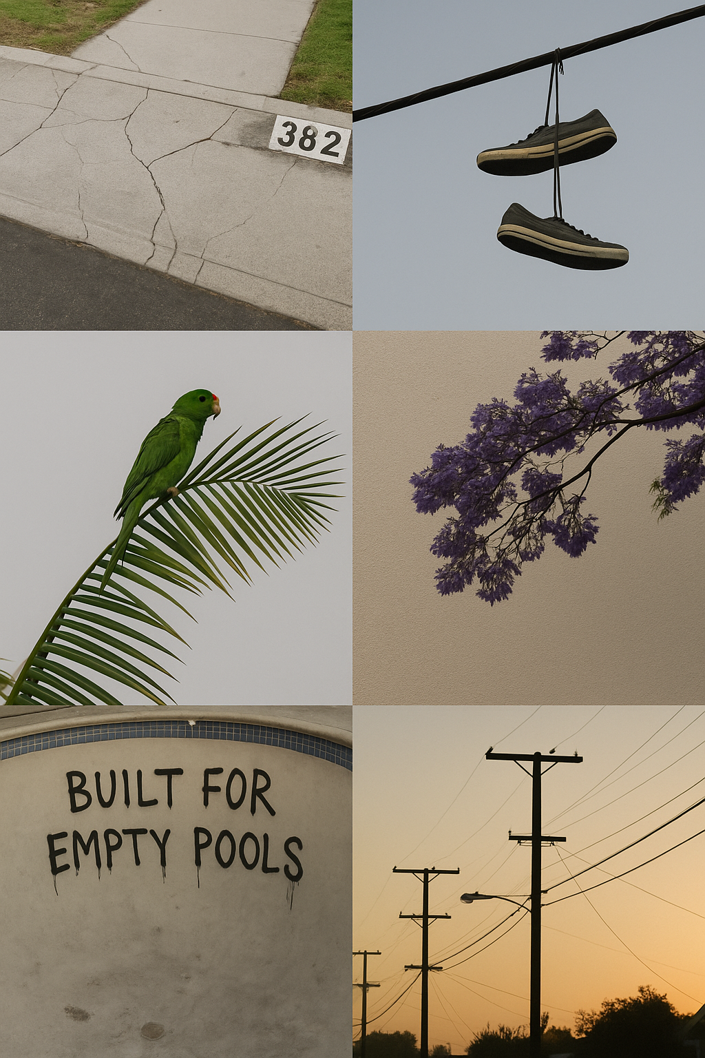 A collage of six images: a cracked sidewalk with house numbers 382, a pair of shoes hanging from a wire, a green parrot on a palm frond, purple flowering tree branch, a sign reading 'Built for empty pools,' and power poles against a sunset sky.