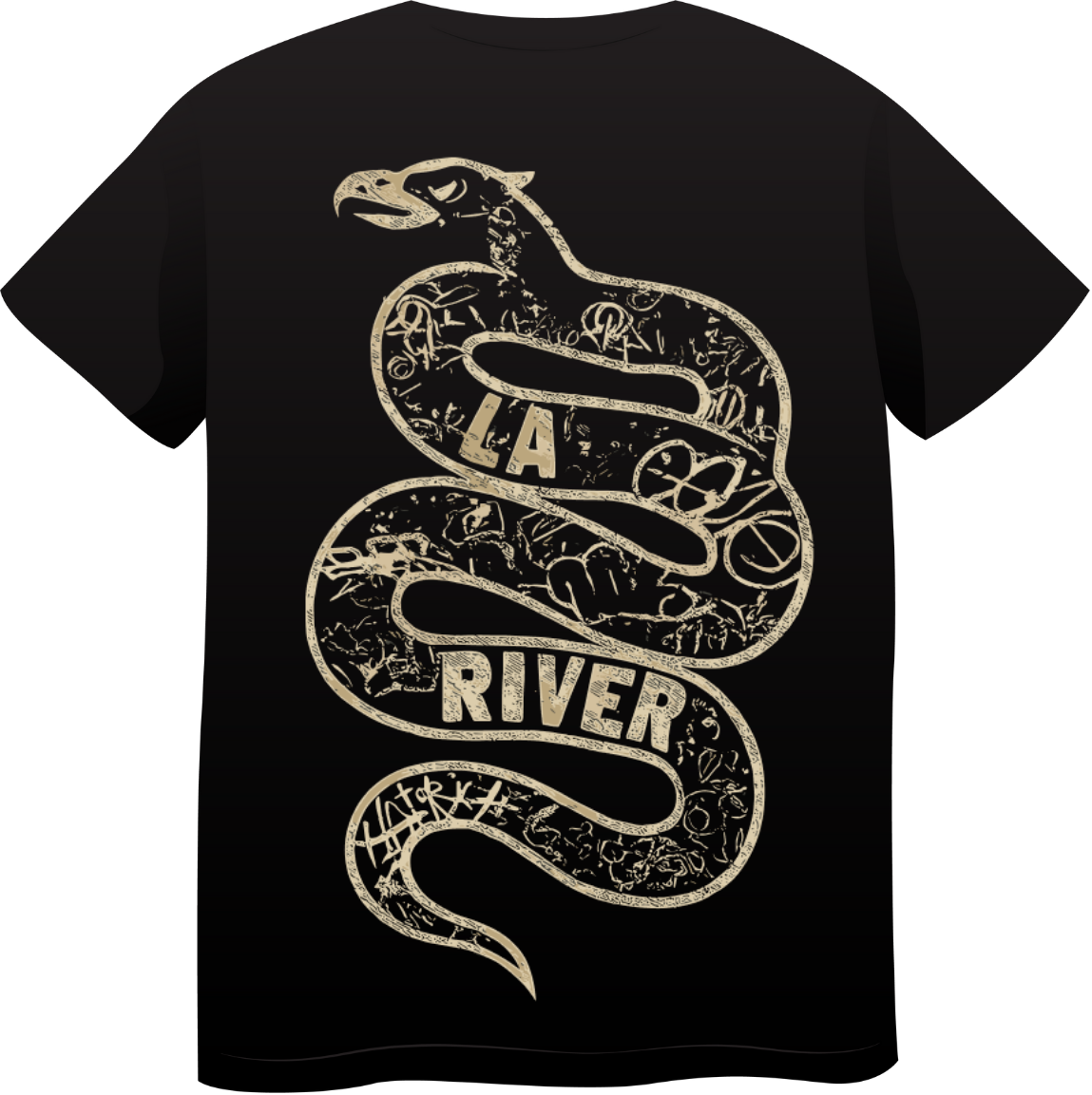 Black T-shirt with beige graphic of a snake intertwined with the words 'LA RIVER' and ornate background details.