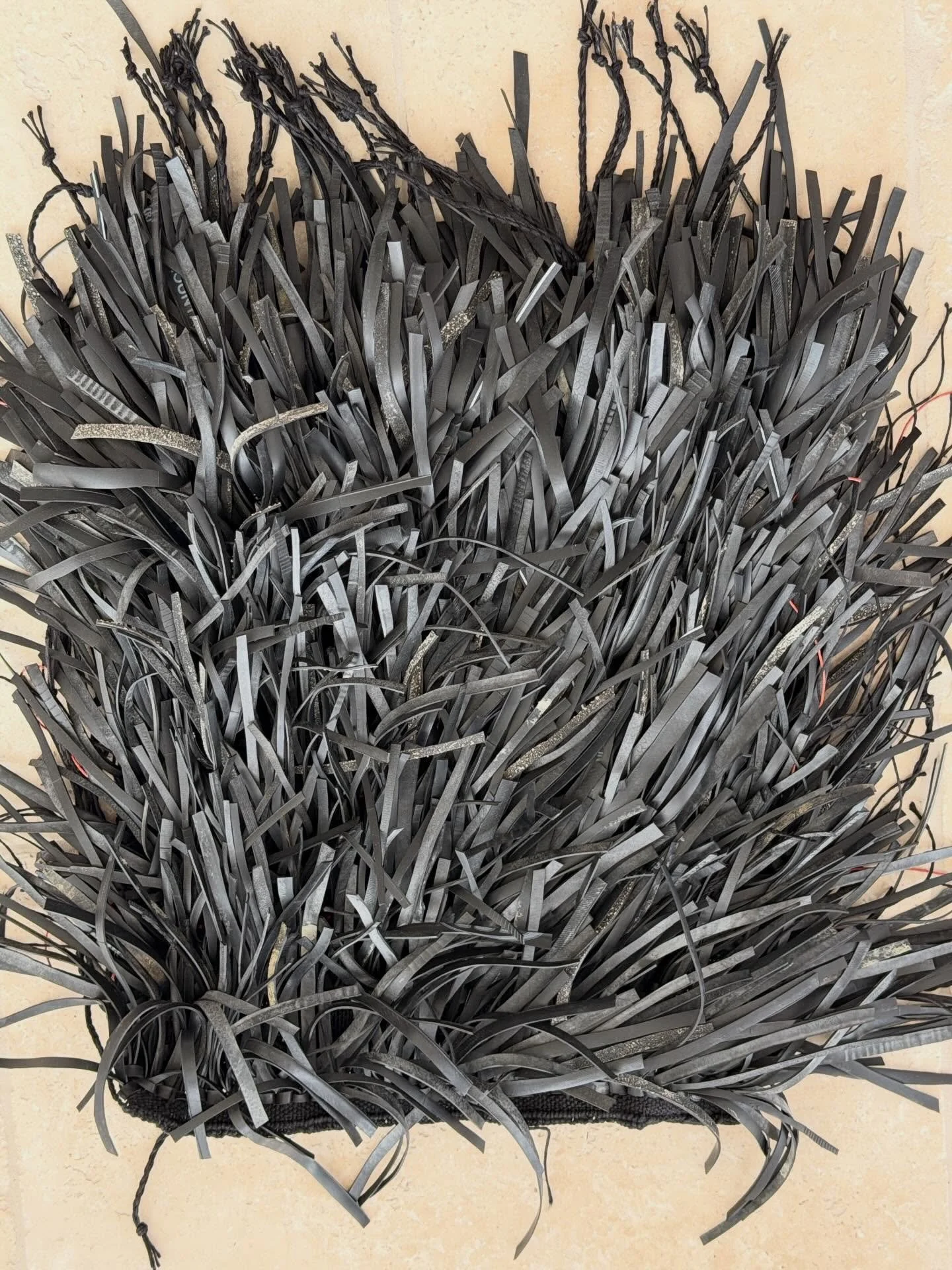 Ghiordes knots piece completed- delightfully heavy and very squishy- under 3 tyre tubes used-30 X 33 cms. Next tapestry on its way, along with some side flax plying!