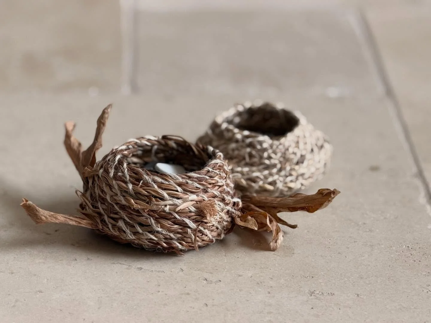 a couple cheeky cordage baskets made from house plants