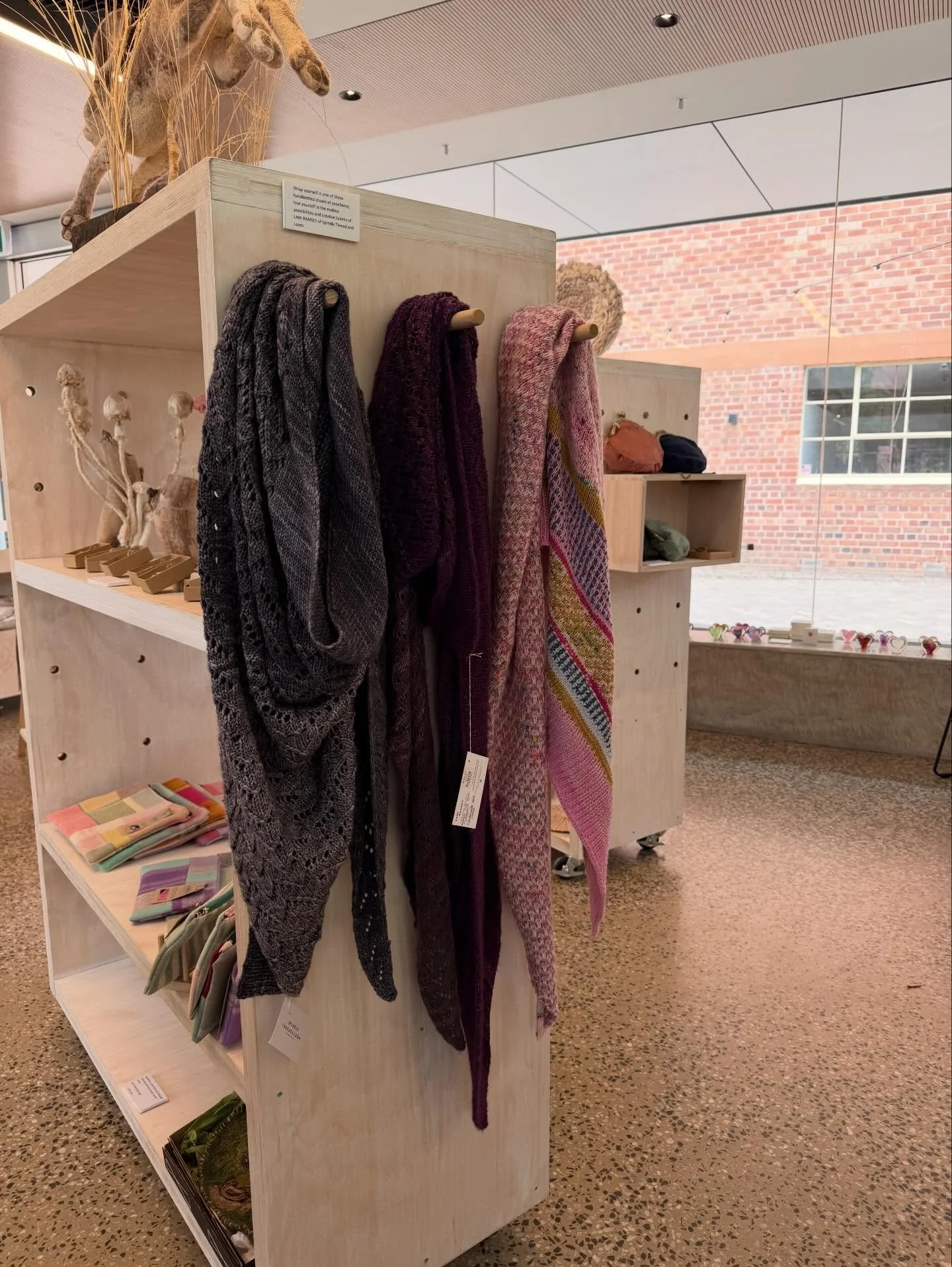 I have the absolute pleasure and privilege of having my knitted shawls/scarves @fabrik.arts 
I volunteer on some Sundays! come say hi- check out their latest gallery show- and of course
The Shop-filled with amazing artistry! #lobethal #artisansofaust
