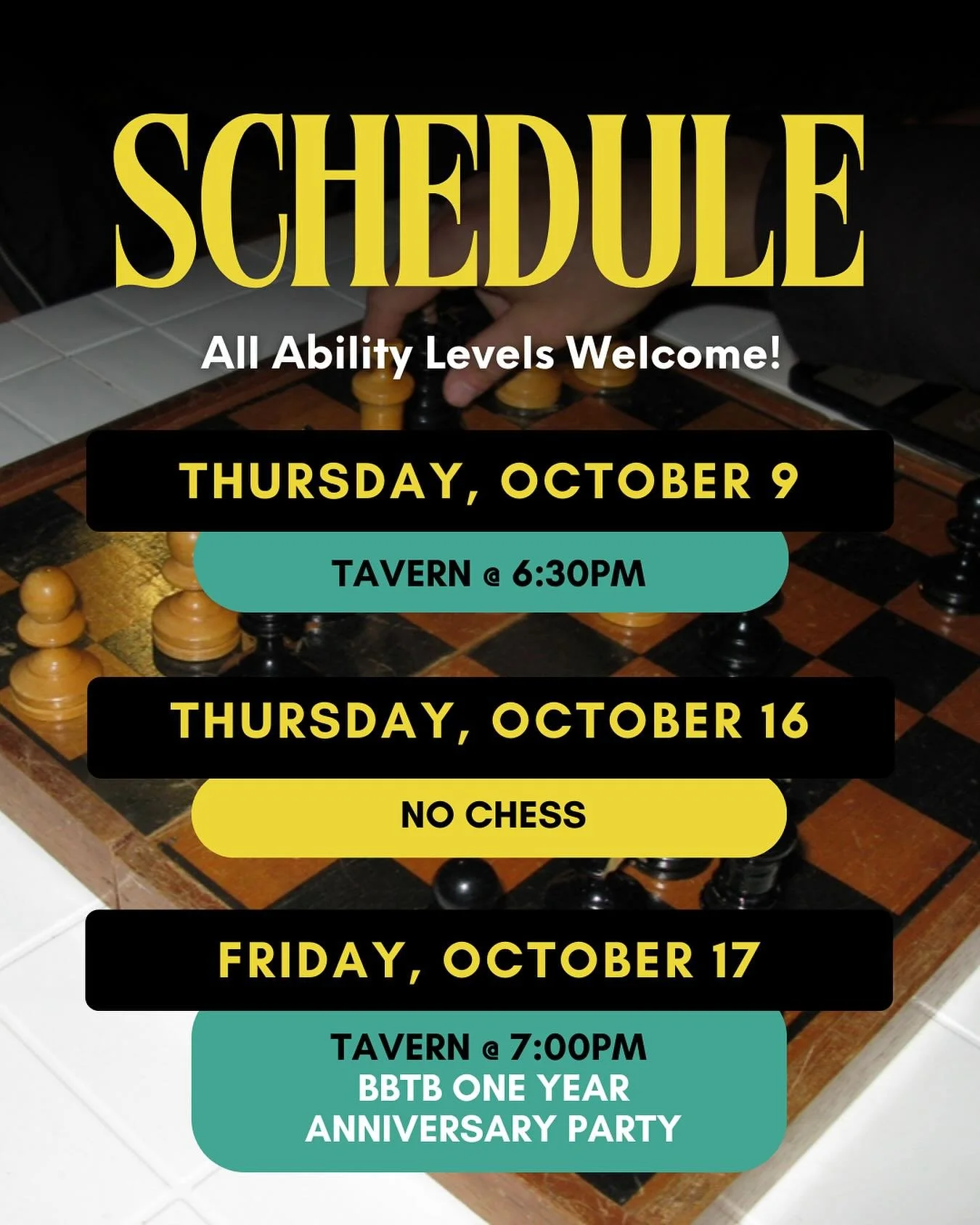 Chess on Thursday and then our 1 year anniversary @tavernpb

Can&rsquo;t wait to see you all. Will you be there for the party?!