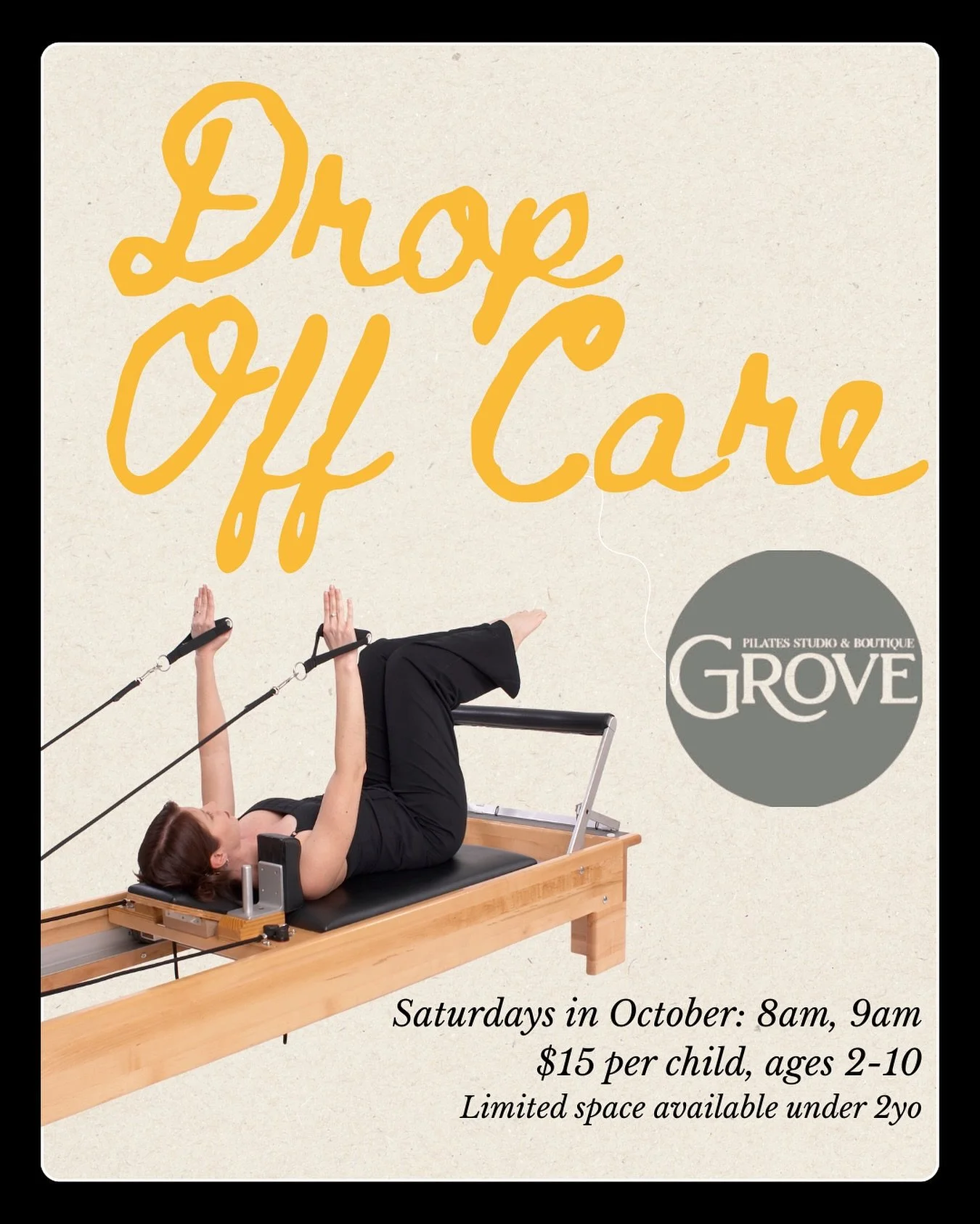 self care isn&rsquo;t selfish, it&rsquo;s survival. we&rsquo;re teaming up with our friends at Grove Pilates to make it just a little easier.

Grove members can enjoy discounted drop off care during the 8am and 9am Saturday classes &mdash; so you can