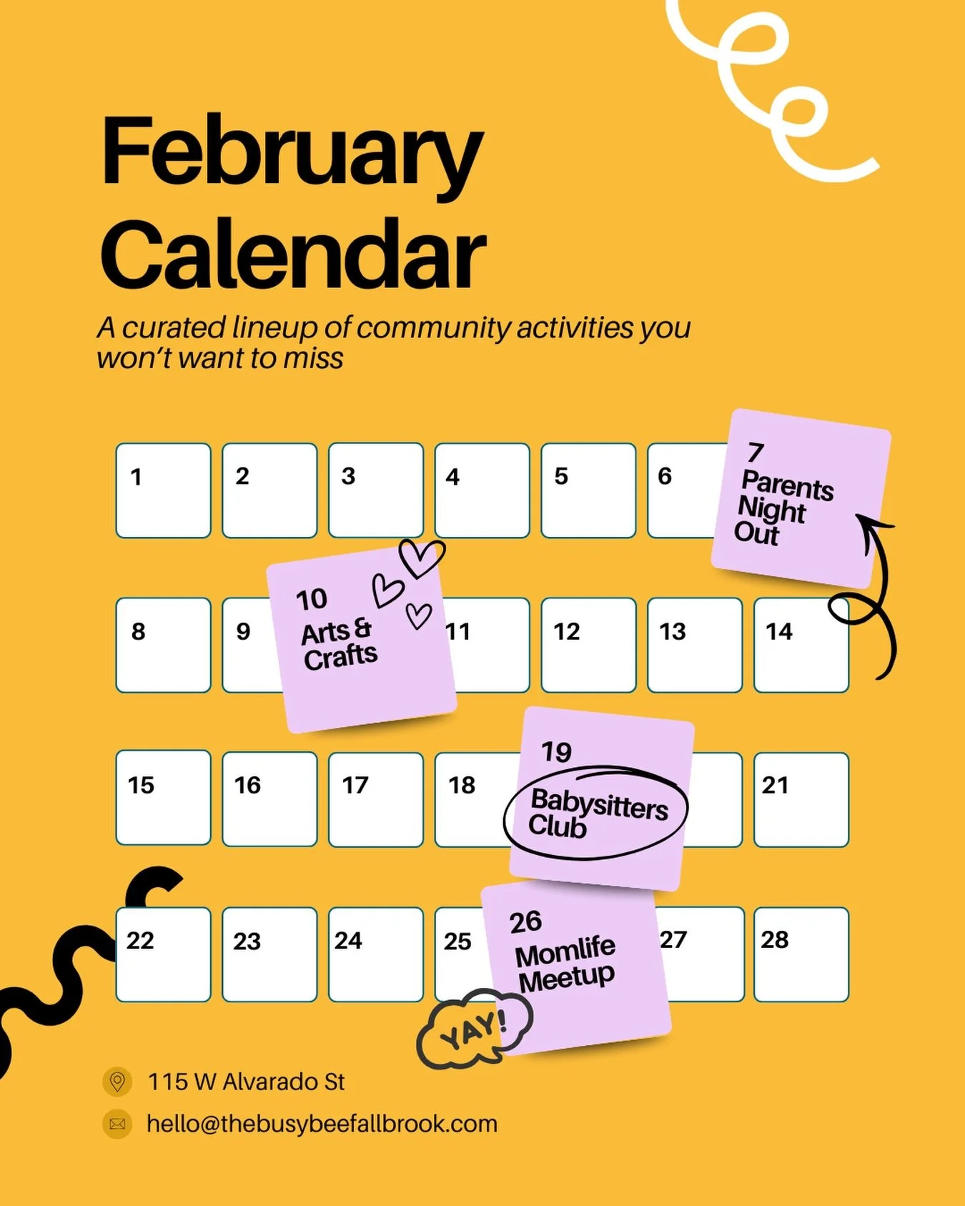 february plans, handled.

february is doing the most and we&rsquo;re here for it. calendar attached so you can screenshot, save, and promptly forget until the night before.

✨ feb 7 (this saturday)
our first ever saturday parents night out
5&ndash;8p