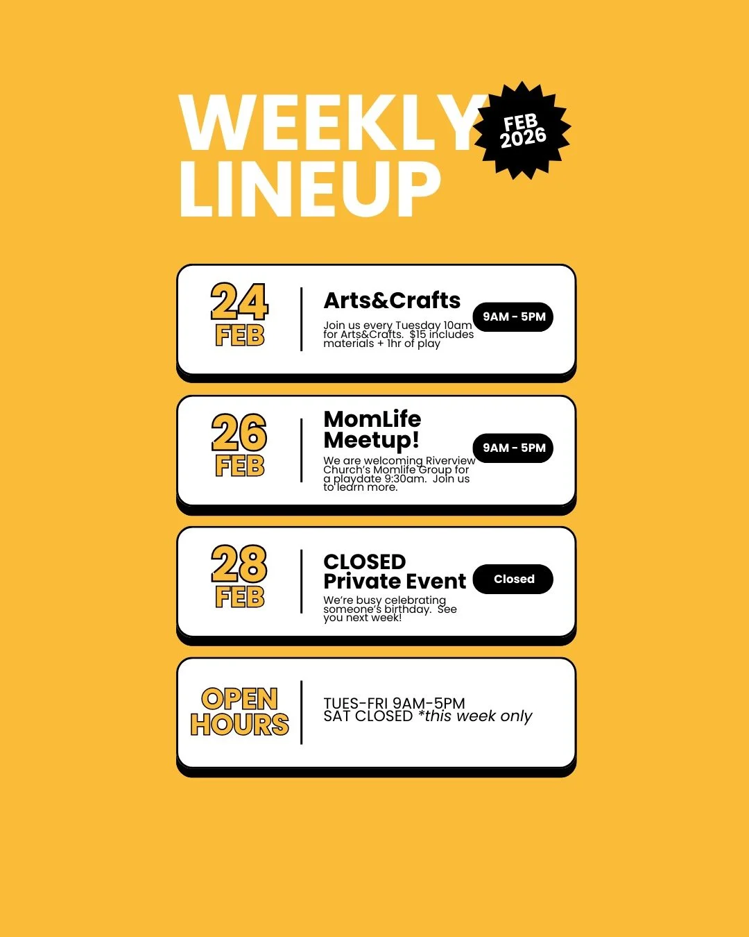 did january last 47 days or was that just us? 
and now somehow february packed up and left without saying goodbye.

here&rsquo;s what we&rsquo;ve got this week at the busy bee:
tuesdays are officially arts &amp; crafts each week. 10am. $15 covers all