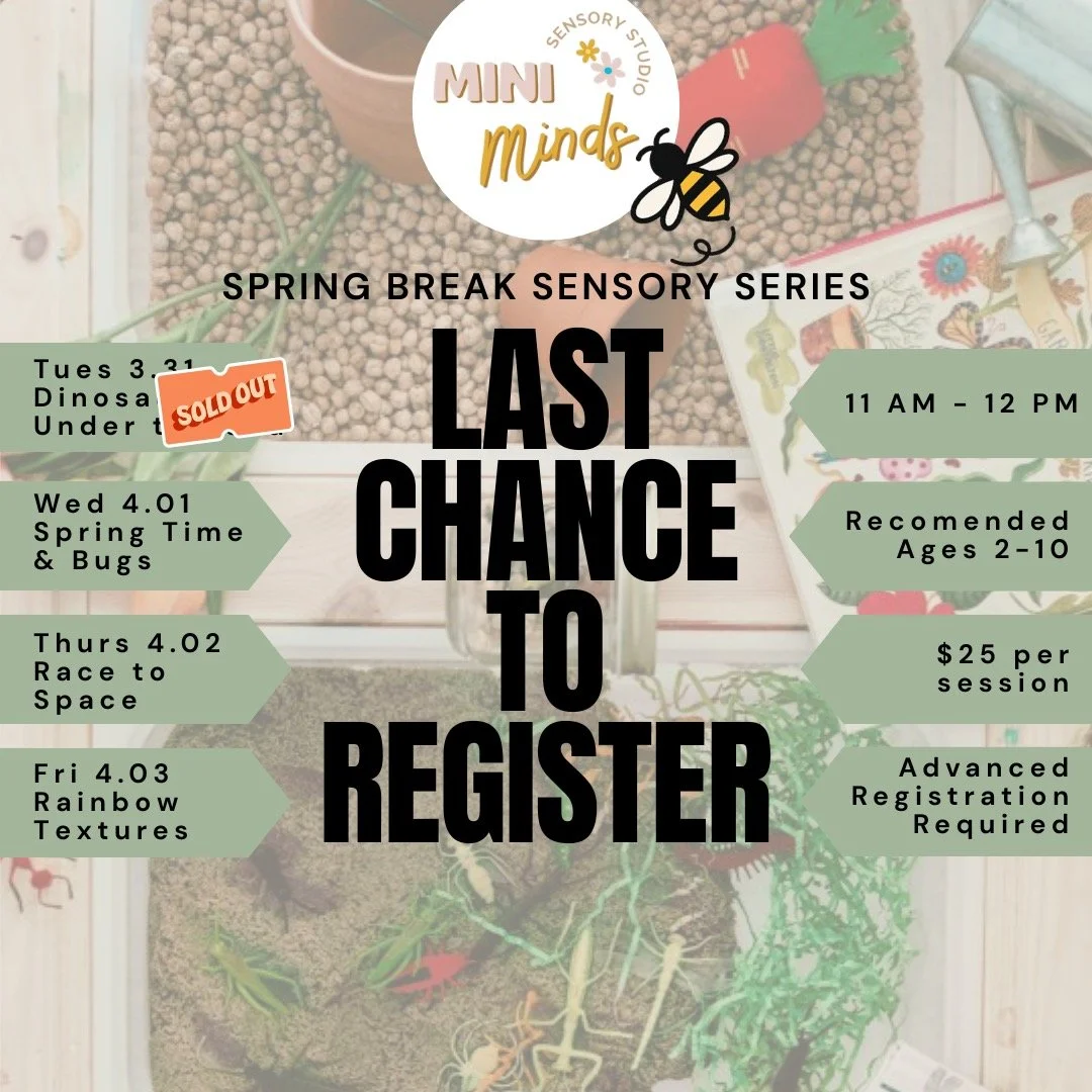 Spots are filling up quickly and registration closes in just 3 short days.
MiniMinds Sensory Studio is hosting a pop-up series at The Busy Bee over Spring Break!

🌈 Colorful sensory bins�
🐣 Spring break play�
🌿 Nature-inspired exploration�
🫧 Wate