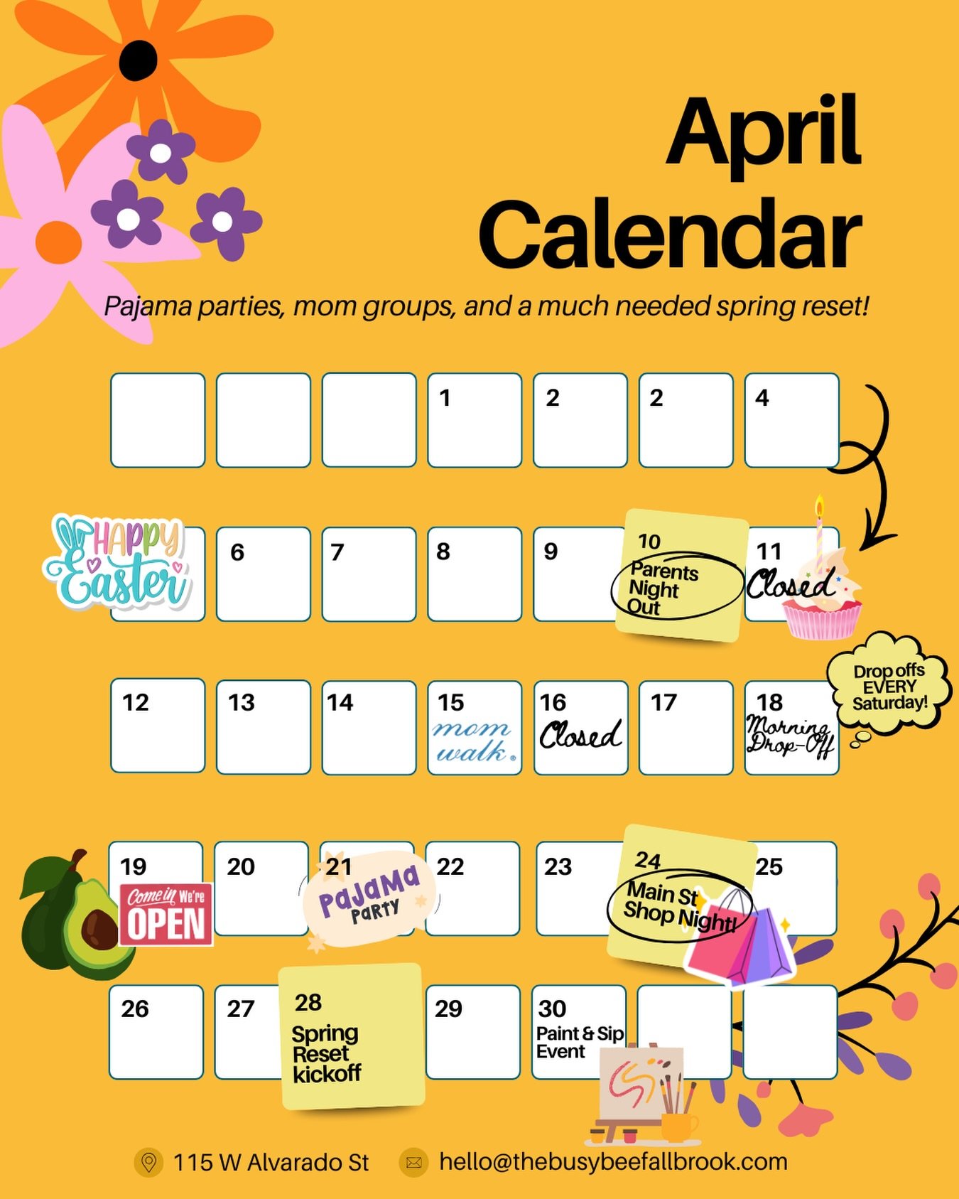 mid-april check-in because somehow we&rsquo;re already here and the calendar is doing the most. 
here&rsquo;s what&rsquo;s coming up at the busy bee:
&bull; april 15 &ndash; momwalkco meetup (come find your people, meet up @bakinitupcollective_fallbr