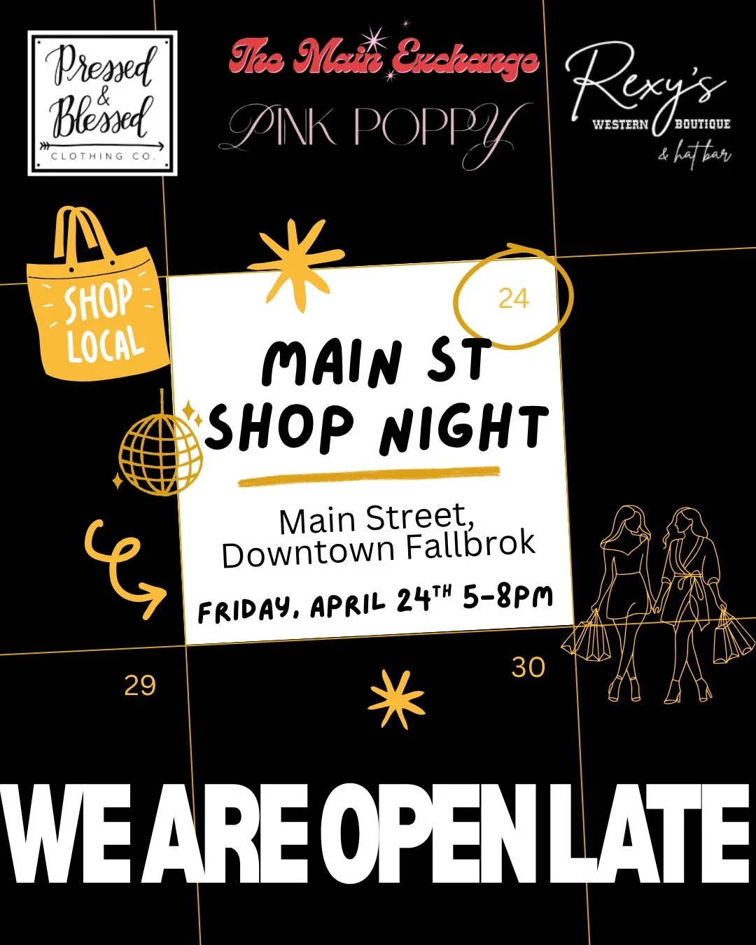 main street said &ldquo;girls night&rdquo; and we said&hellip; say less
THIS friday, april 24 | 5&ndash;8pm
downtown fallbrook is staying open late and doing it right
✨ shop local with deals at:
the main exchange (20% off the entire store)
rexy&rsquo