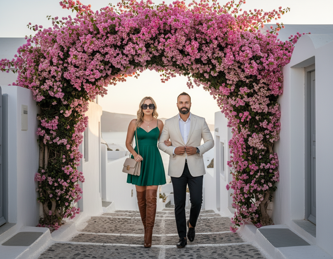 A man and woman walk arm in arm through a floral archway of pink flowers on a white Mediterranean-style street, with the sea and sky in the background.