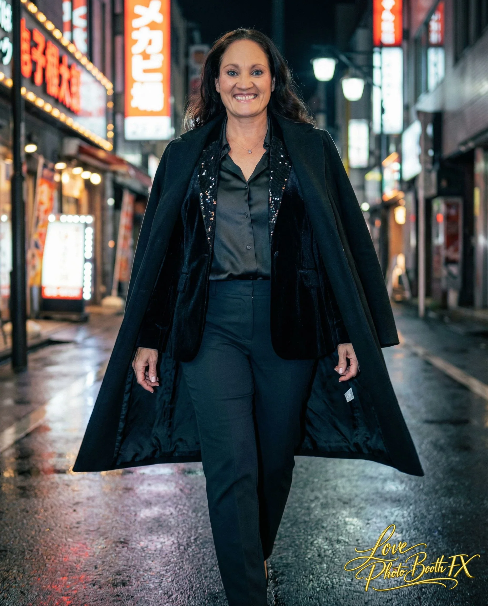 A woman walking on a city street at night, smiling, wearing a black coat, black shirt, and black pants, with neon signs and streetlights in the background.