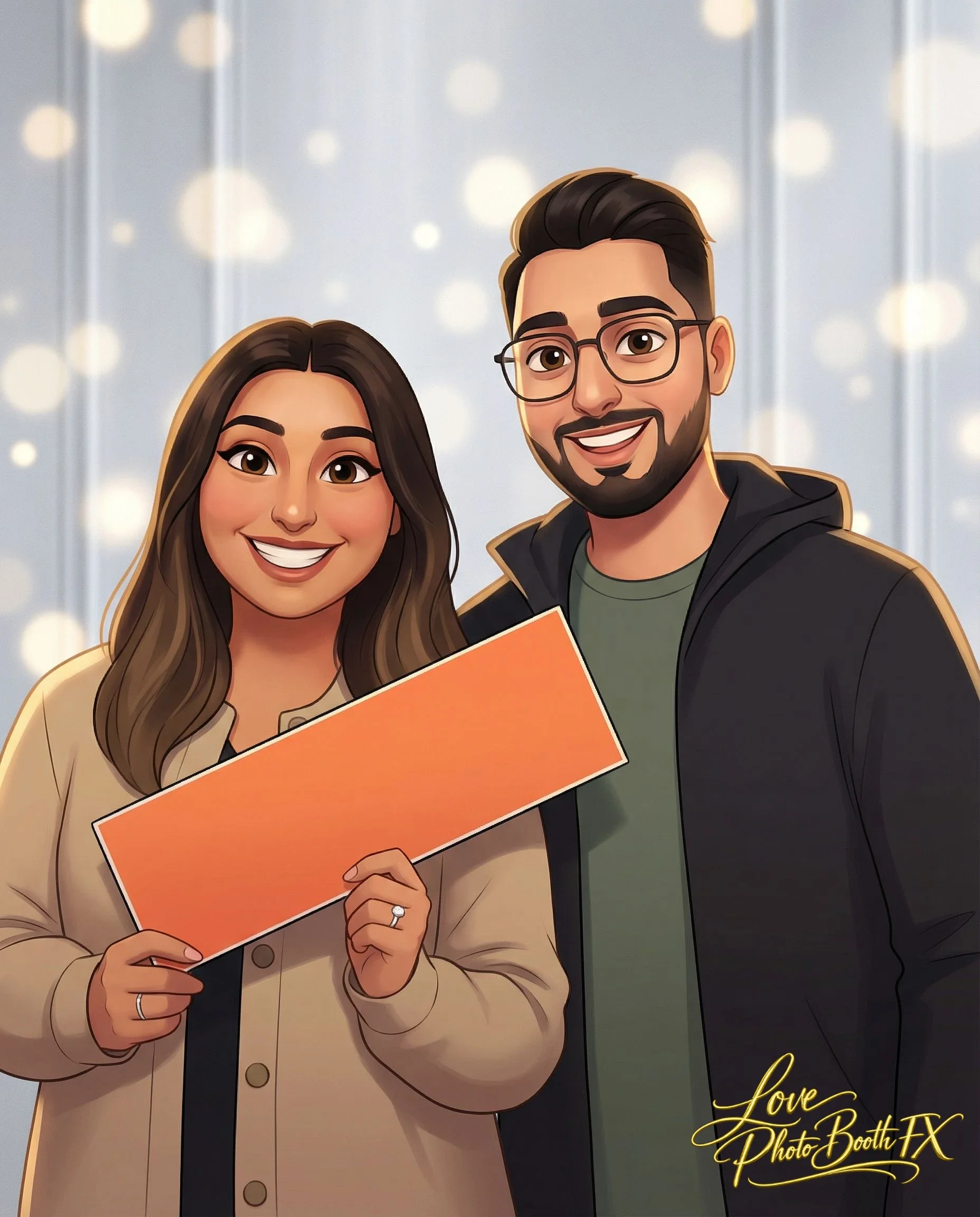 Cartoon-style illustration of a smiling woman with long brown hair and a man with dark hair, glasses, and a beard, both dressed casually. The woman is holding an orange blank sign, and they are standing together in front of a blurred background with 