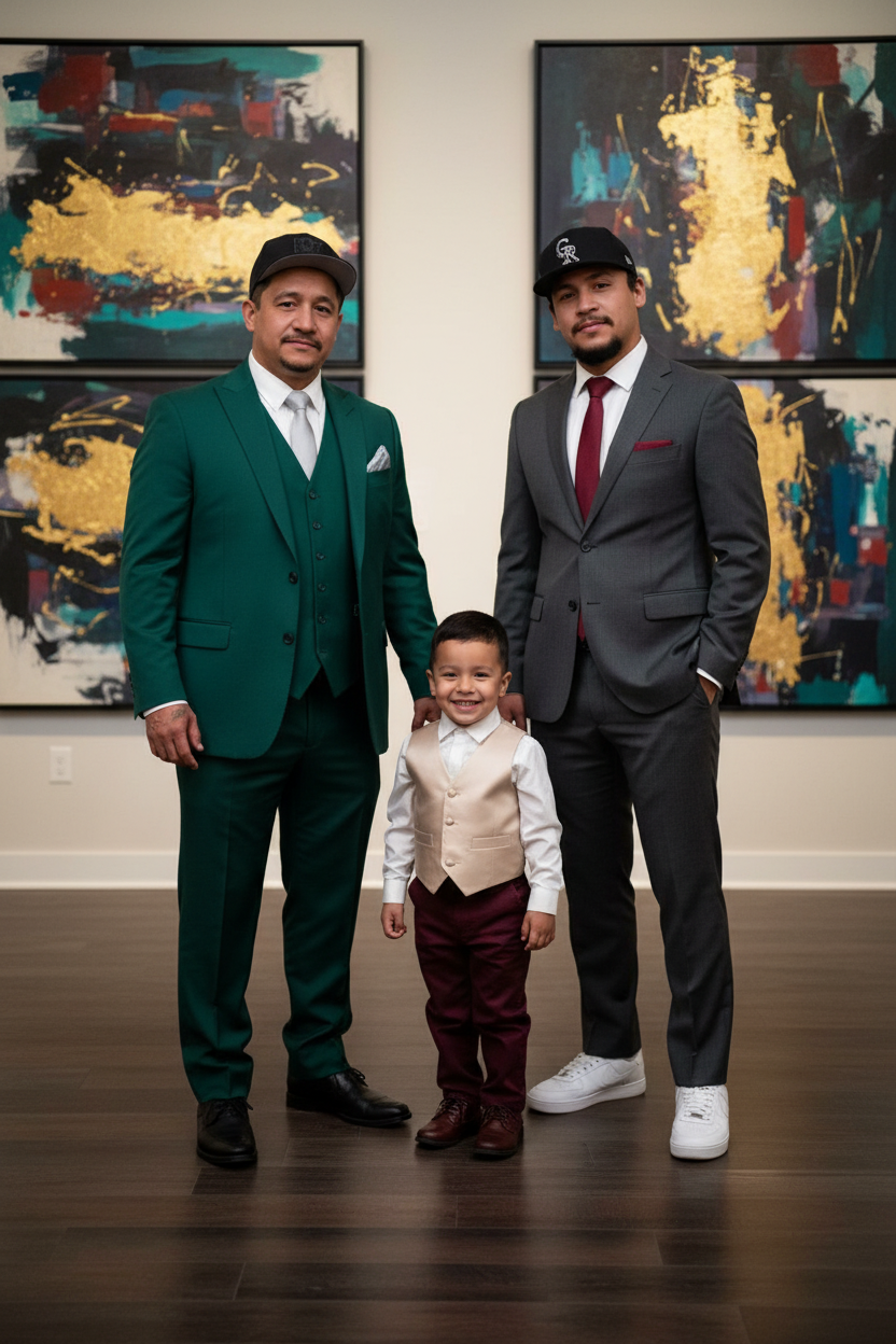Three males and one young boy, all dressed formally, standing in front of colorful abstract paintings in an art gallery or similar setting.