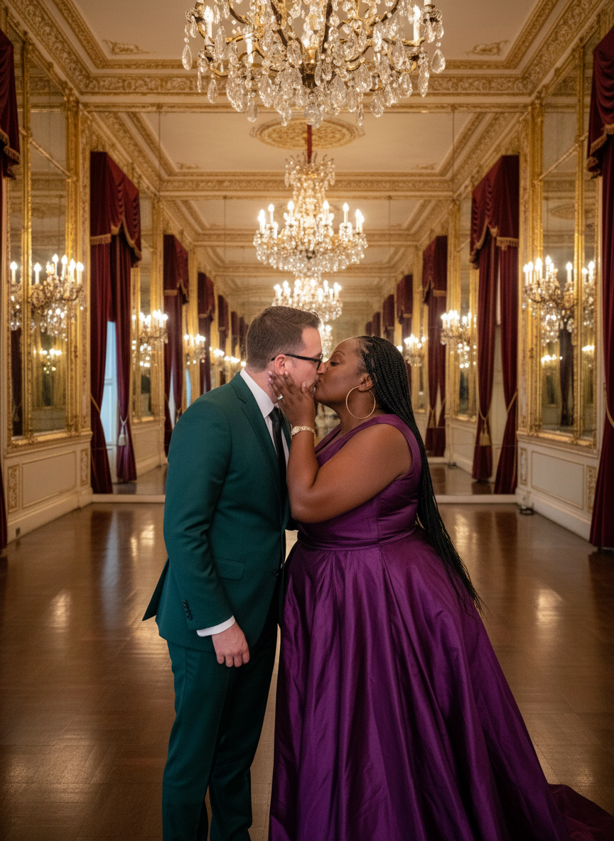 A couple shares a kiss in a luxurious ballroom with ornate chandeliers, gold mirrors, and dark red curtains.