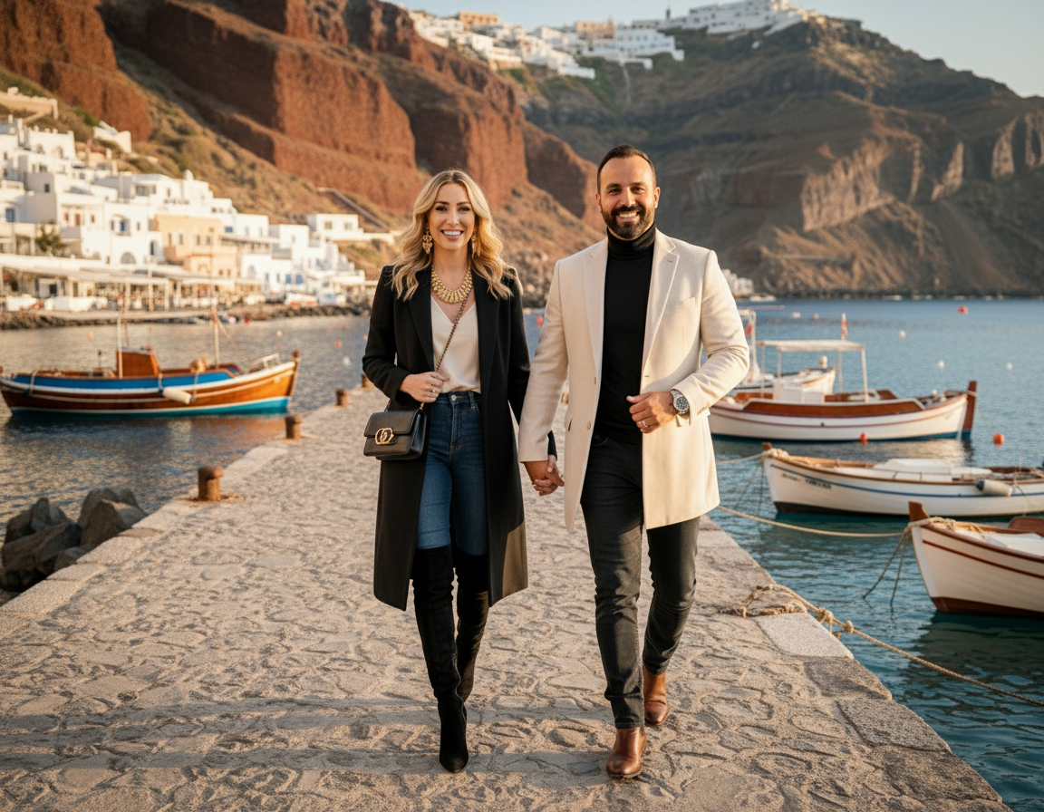 A smiling couple walking hand in hand along a stone pier by the water, with boats and white buildings on a hillside in the background.