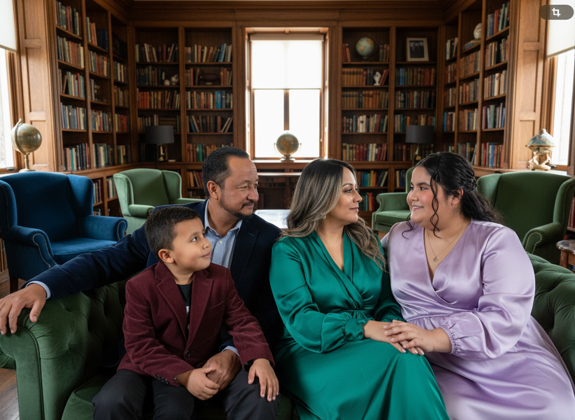 Family sitting in a cozy library, with a man, woman, young girl, and young woman, surrounded by wooden bookshelves filled with books and globes, sharing a moment of connection.