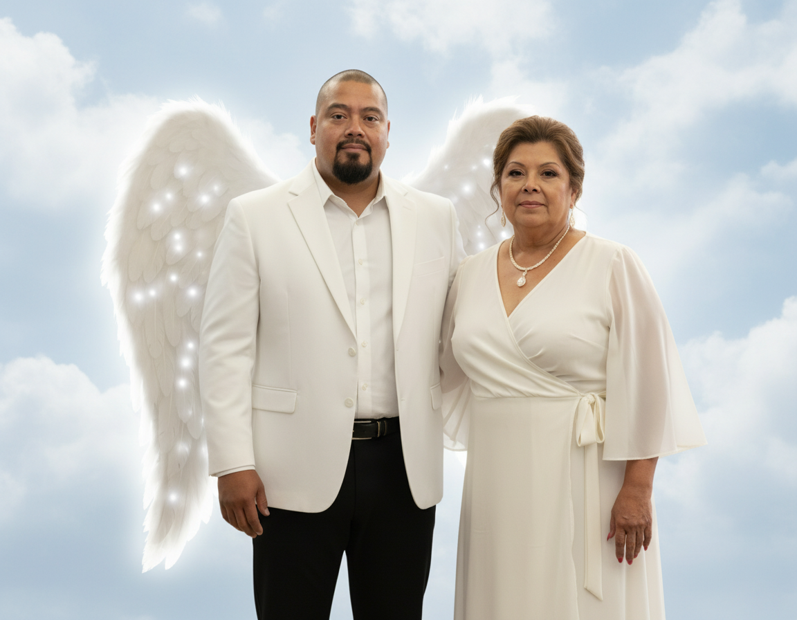 A man and a woman dressed in white standing side by side against a cloudy sky background. The man has angel wings.