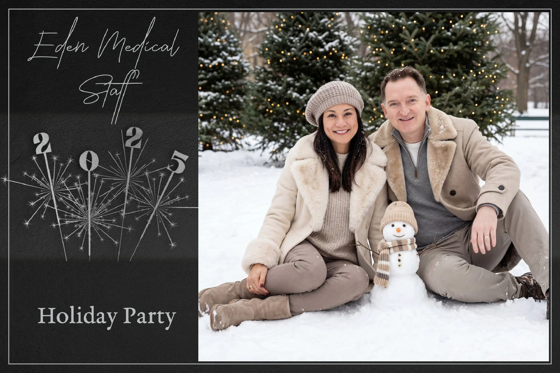 A friendly couple sitting in the snow next to a small snowman with a cozy hat and scarf, with decorated Christmas trees in the background at a holiday party event.