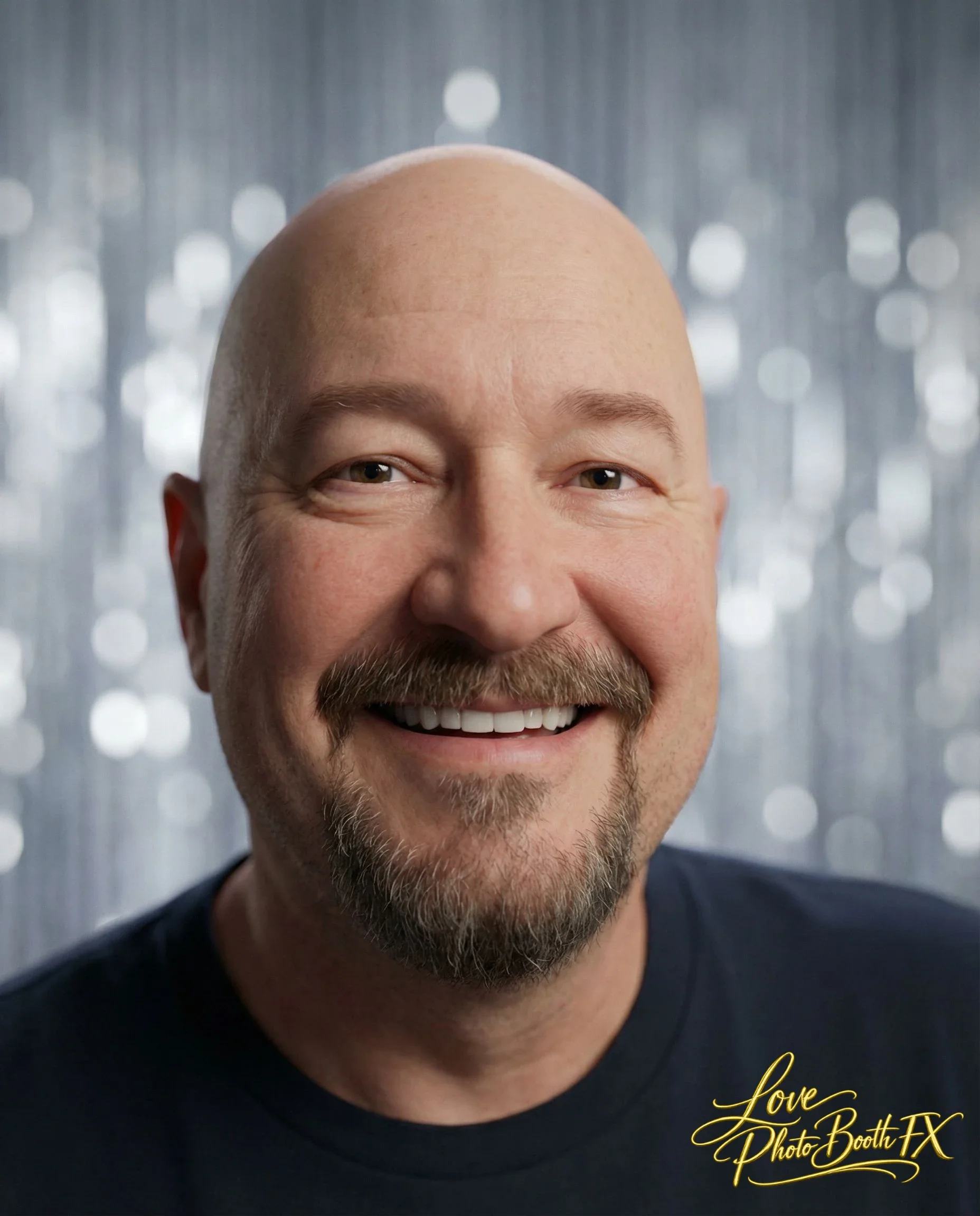 A smiling bald man with a mustache and goatee in front of a blurred silver sequin background, wearing a dark shirt.