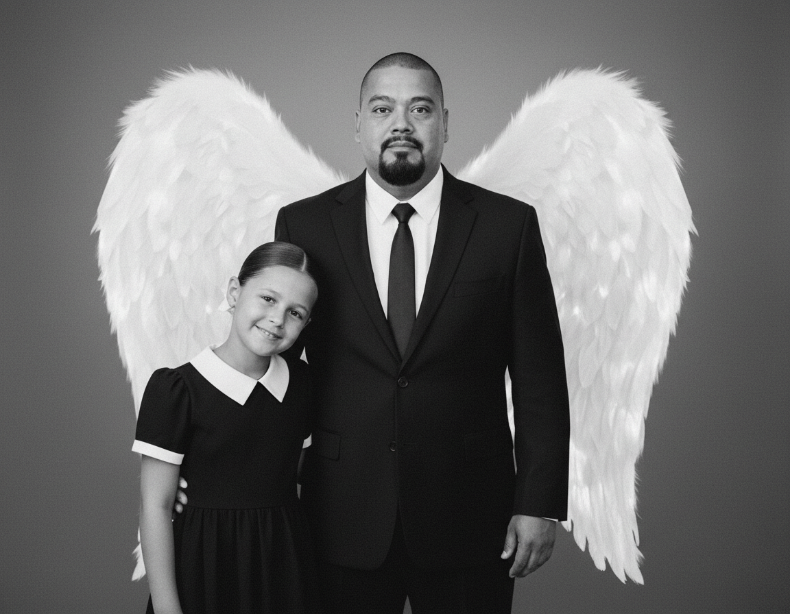 Black and white photo of a man in a suit and a young girl standing together with angel wings in the background.