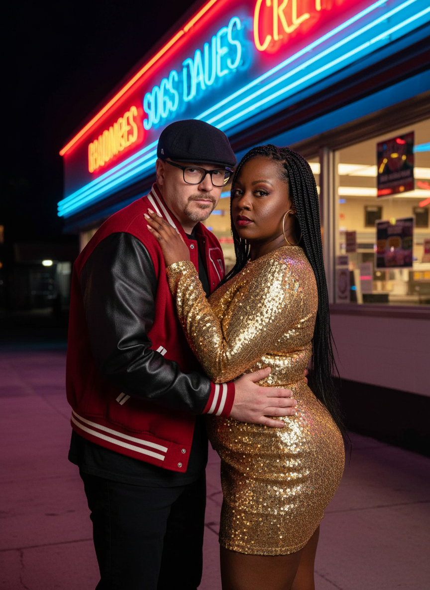 A man and a woman stand close together outside a store at night, with neon signs in English in the background. The man wears glasses, a dark cap, and a red and black varsity jacket, while the woman is dressed in a shiny gold sequin dress and large ho