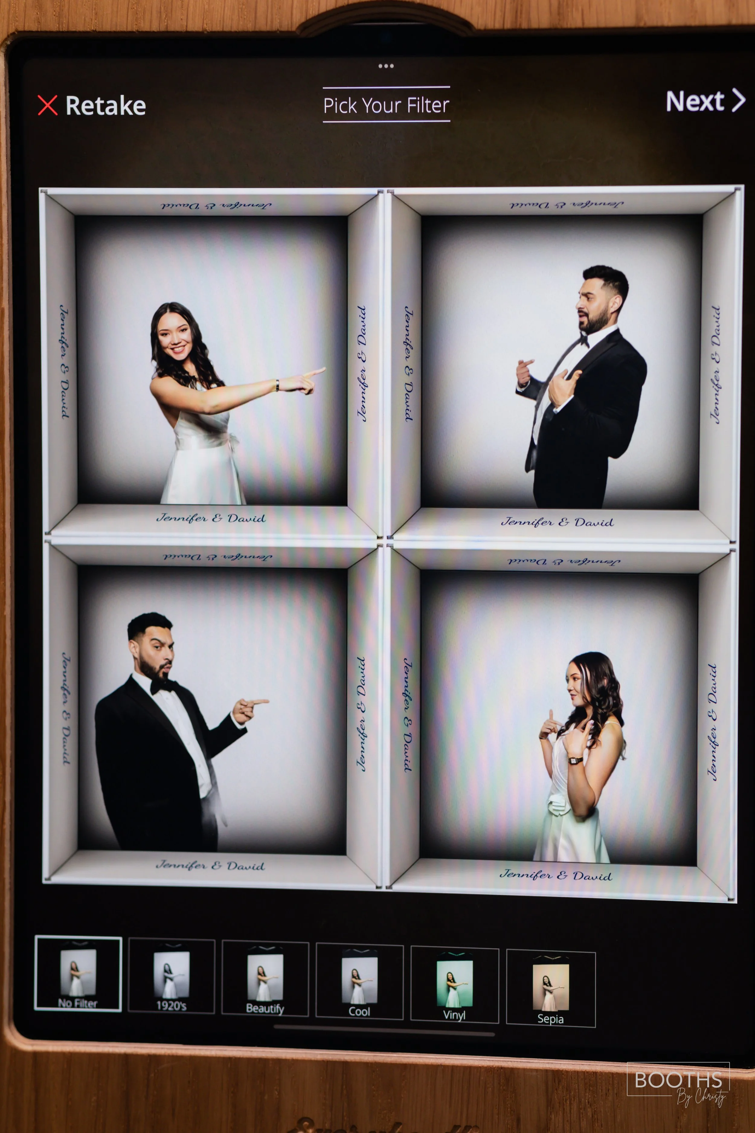Photo booth prints featuring a man and a woman in wedding attire, with names Jennifer & David, in a photo booth app. The images show both individuals pointing at each other, with digital filter options at the bottom including No Filter, 1920s, Beauti