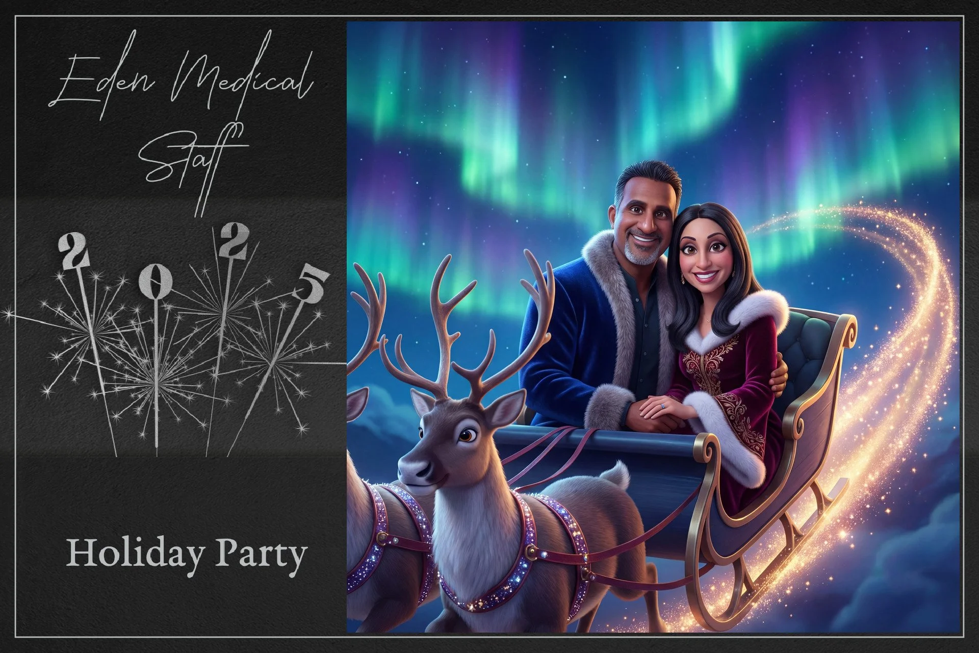 Invitation card for Eden Medical Staff Holiday Party featuring a animated couple riding a sleigh pulled by a reindeer under the northern lights.