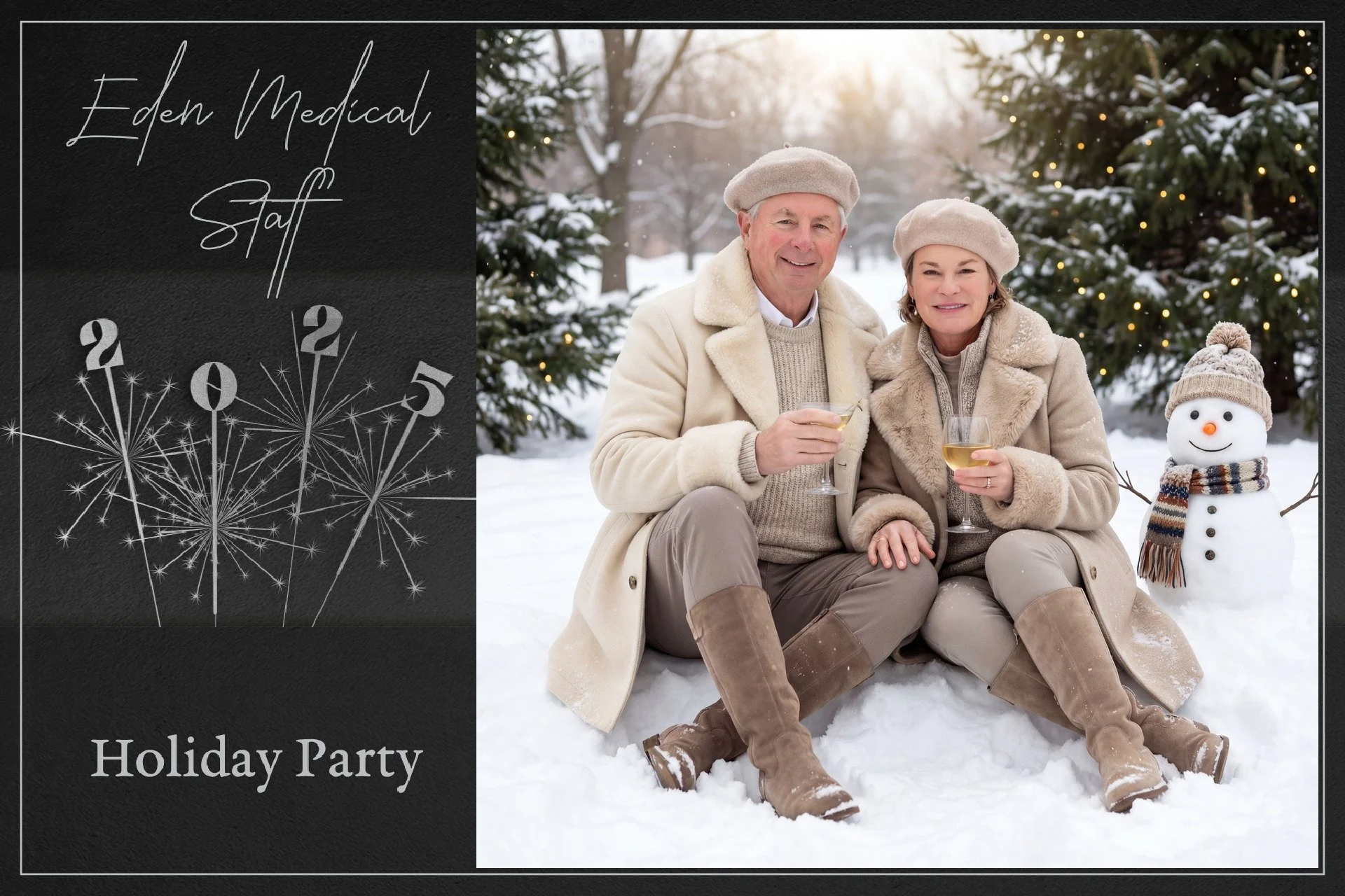 Holiday party invitation with a black textured background, white handwritten style text that reads 'Eden Medical Staff 2025', fireworks illustrations, and 'Holiday Party' in gray text, alongside a photo of a joyful elderly couple in winter coats and 