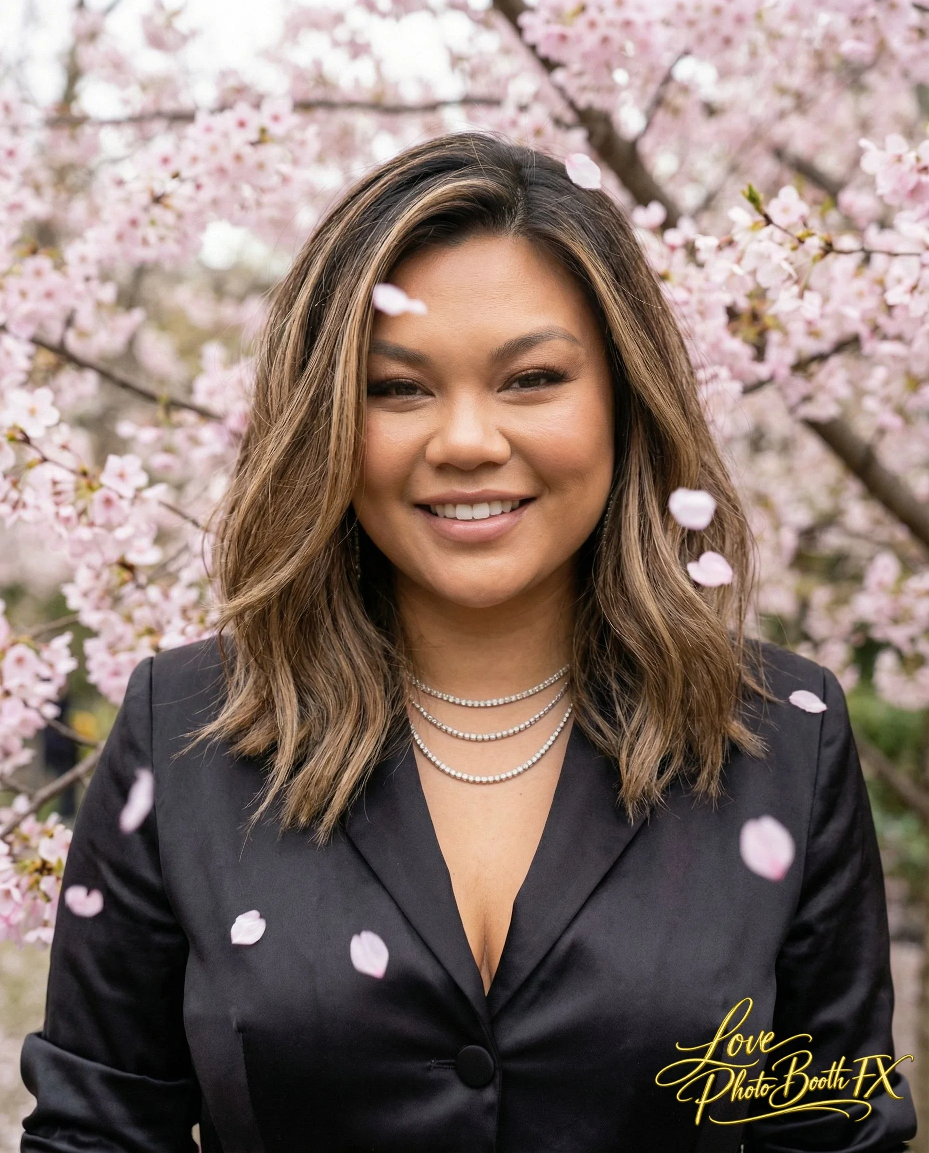 A smiling woman with wavy brown hair, wearing a black blazer and layered necklaces, stands in front of blooming pink cherry blossom trees with petals falling around her.