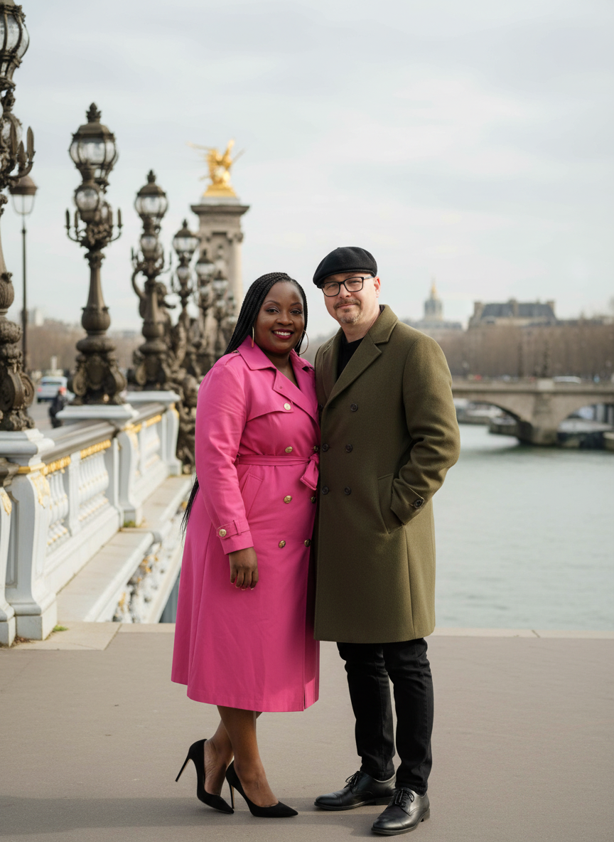 A couple standing on a bridge in Paris, France, with the Seine River and historic buildings in the background. The woman is wearing a pink coat and black heels, and the man is wearing a green coat, black pants, and a black hat.