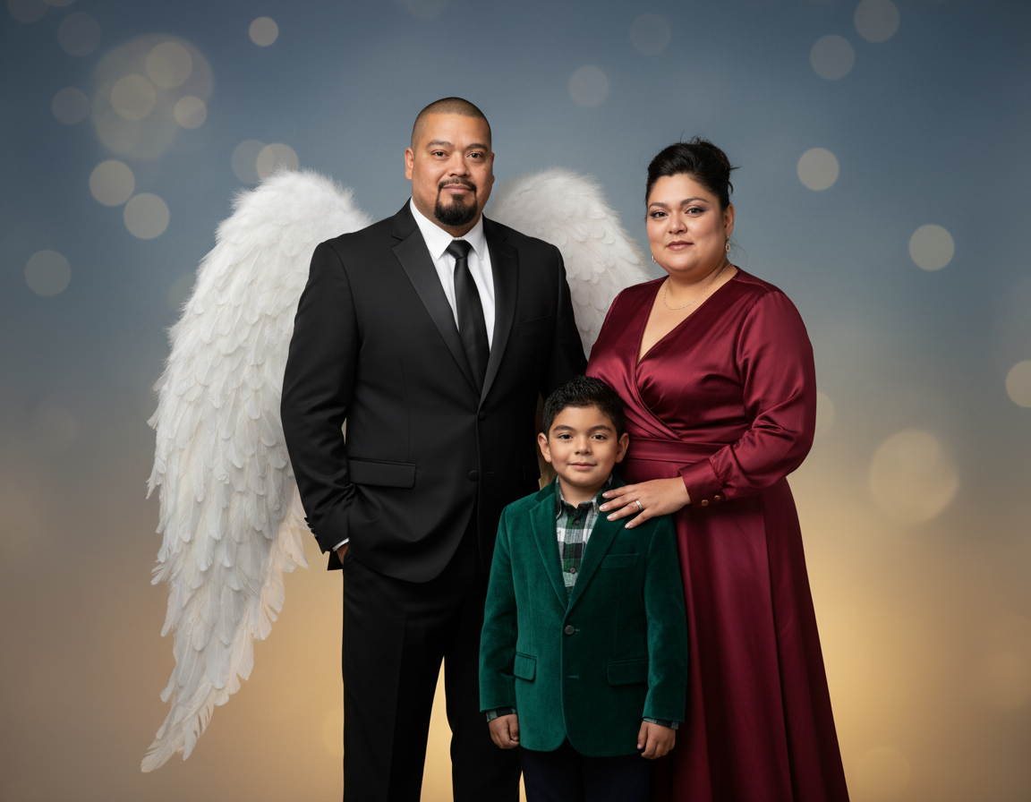 A family portrait with a man in a black suit, a woman in a maroon dress, and a young boy in a green blazer, with the man having angel wings in the background.