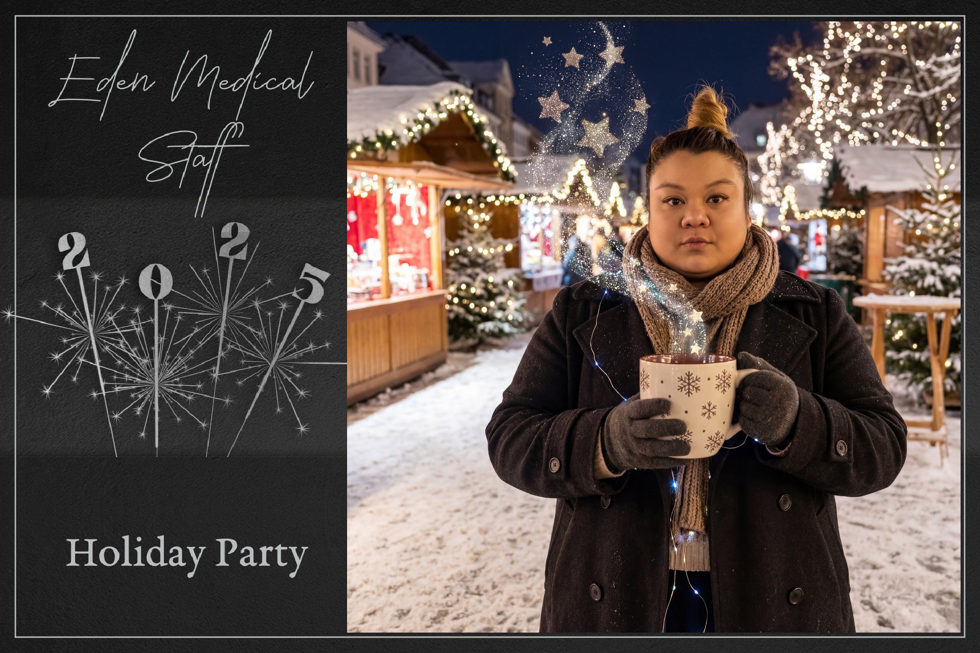 A woman in winter clothing holding a mug with steam in a festive outdoor market decorated with Christmas lights and snow, with holiday signage on the left side of the image reading 'Eden Medical Staff Holiday Party'.