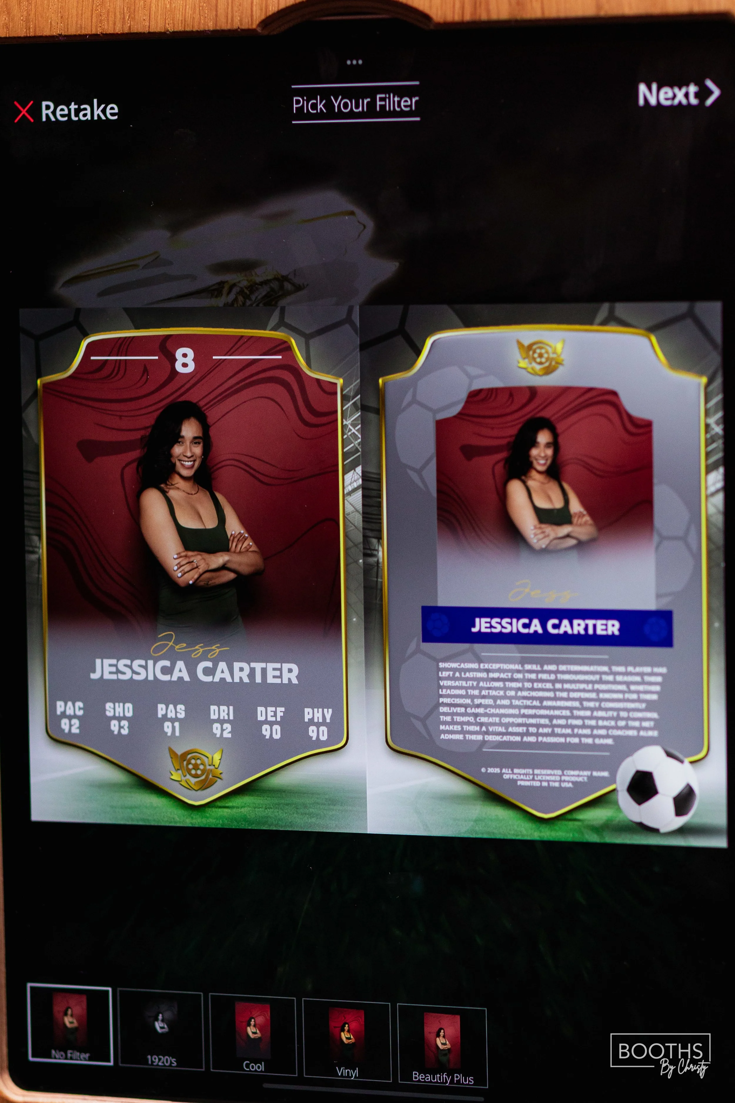 A digital screen displays two virtual trading cards of a woman named Jessica Carter, with the left card showing her in a red background with stats like PAC 92, SHO 93, PAS 91, DRI 92, DEF 90, PHY 90, and the right card with a similar image and a para